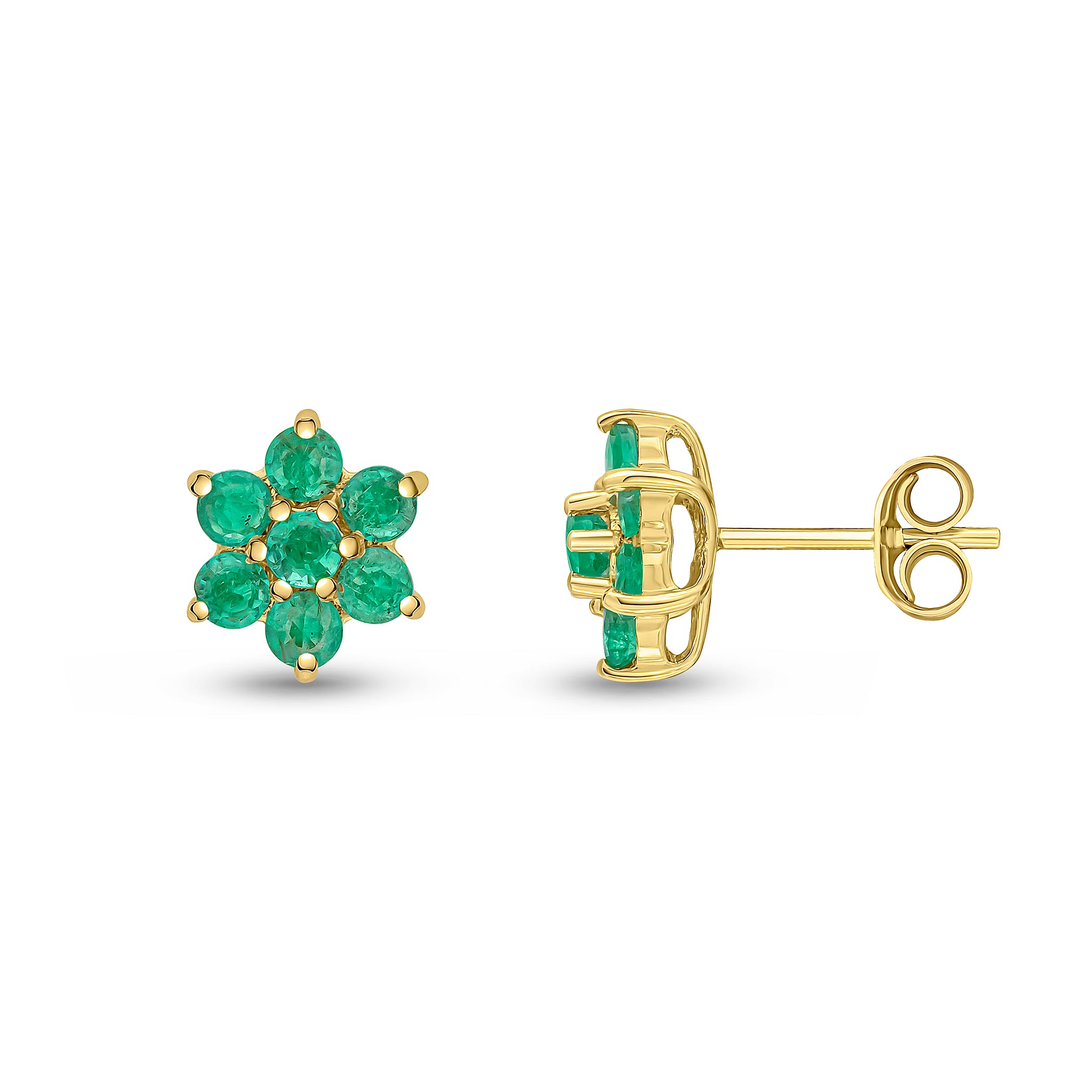 9ct Yellow Gold Round Emerald 6x1 Claw Cluster Earrings