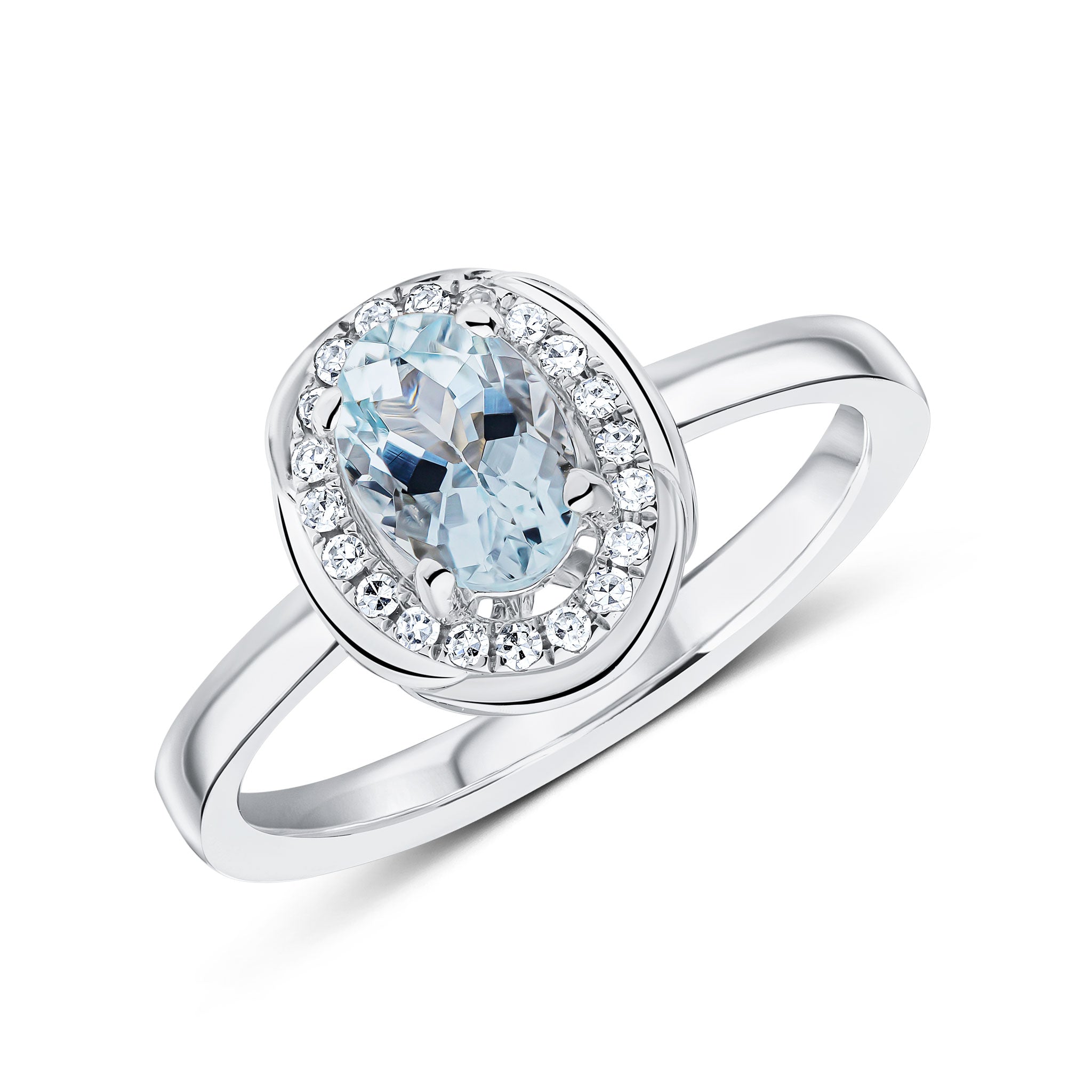 9ct White Gold 7x5 Oval Aquamarine & Diamond Cluster Ring with Rope Edge