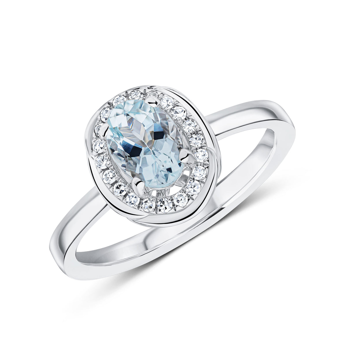 9ct White Gold 7x5 Oval Aquamarine & Diamond Cluster Ring with Rope Edge