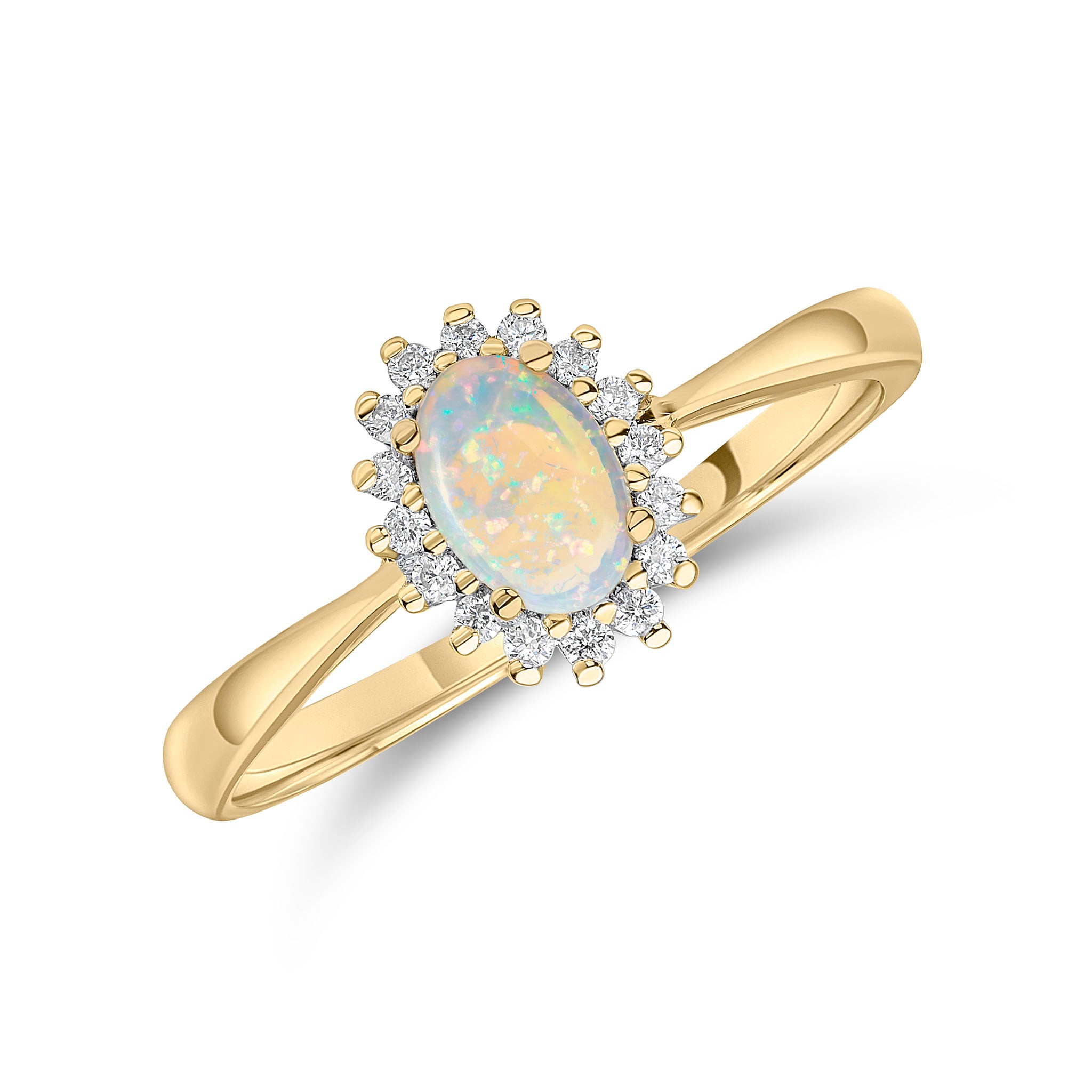 18ct Yellow Gold 6x4 Oval Opal & Round Diamond Claw Set Cluster Ring