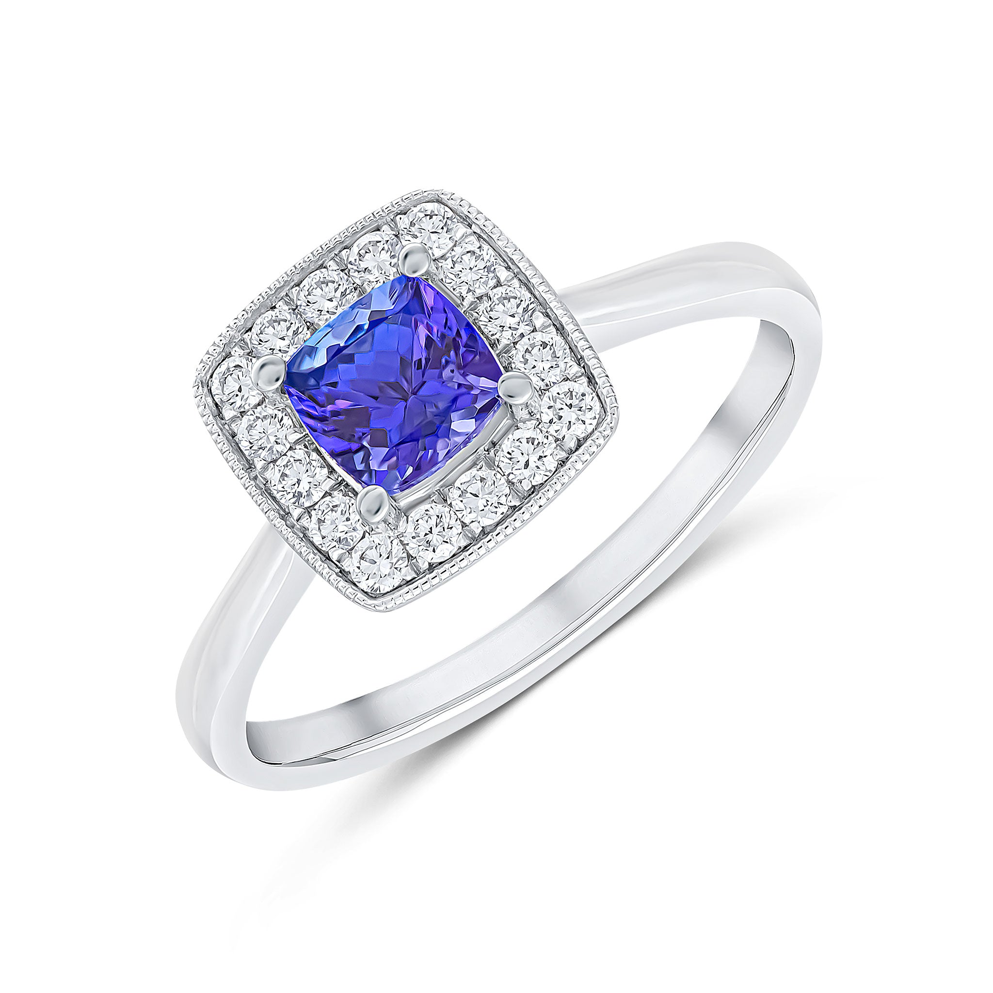18ct White Gold Claw Set Cushion Tanzanite and Milgrain Set Round Diamond Cluster Ring