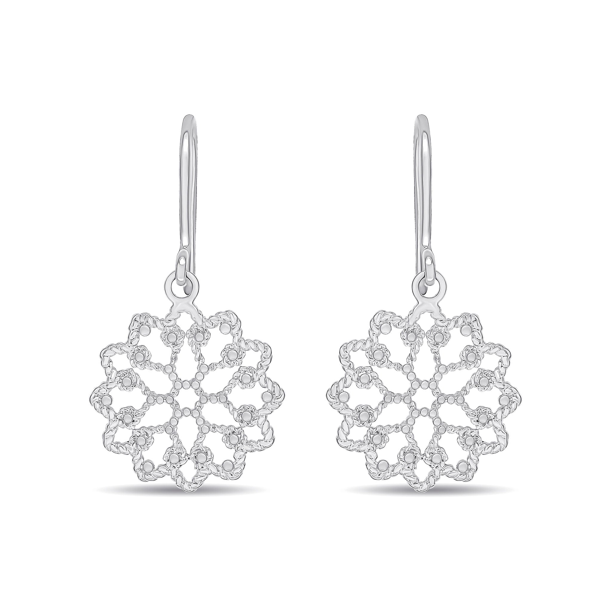 9ct White Gold Round Flower Filligree Drop Earrings With Shepherounds