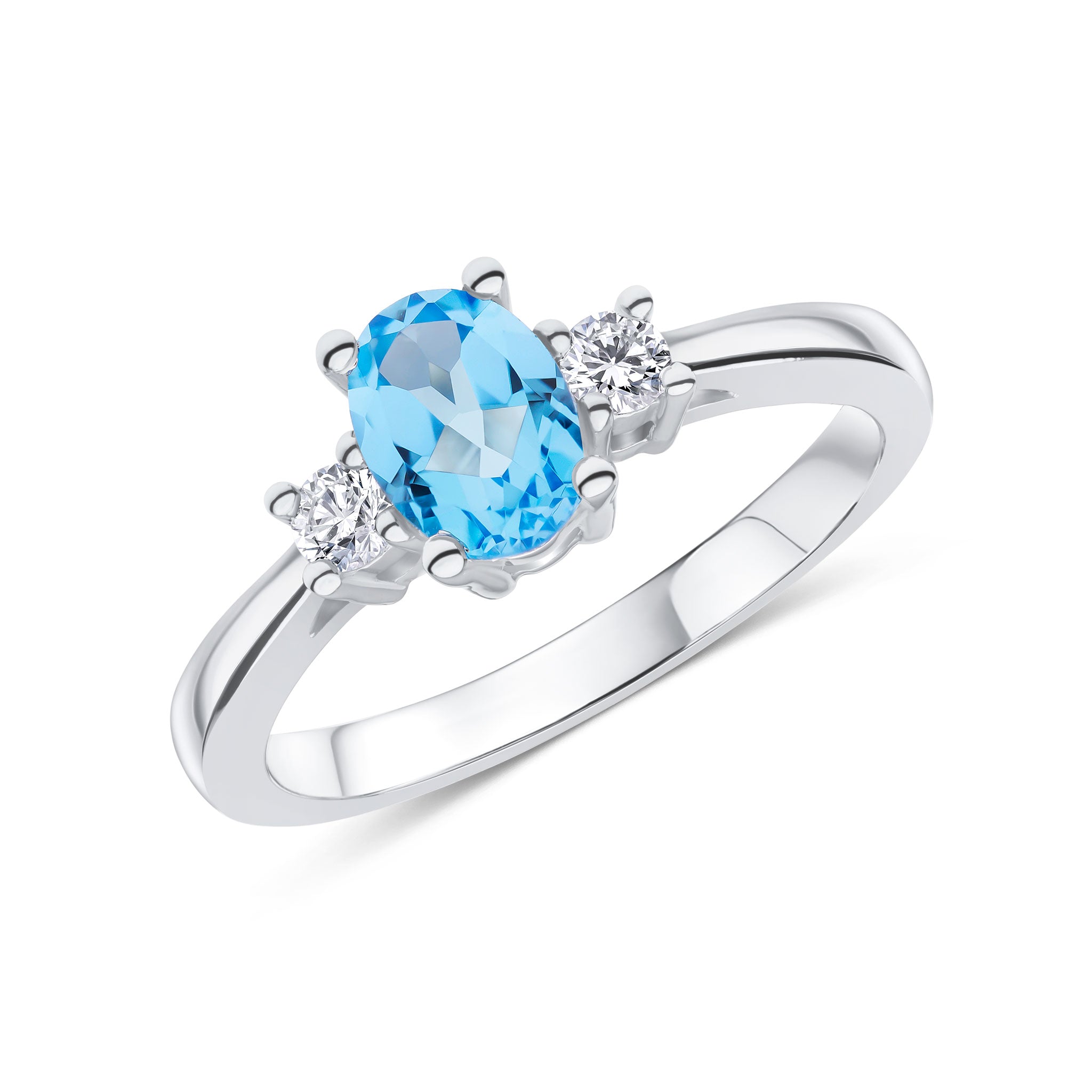 9ct White Gold 7x5 Oval Swiss Blue Topaz and Round Diamond Claw Set 3 Stone Ring