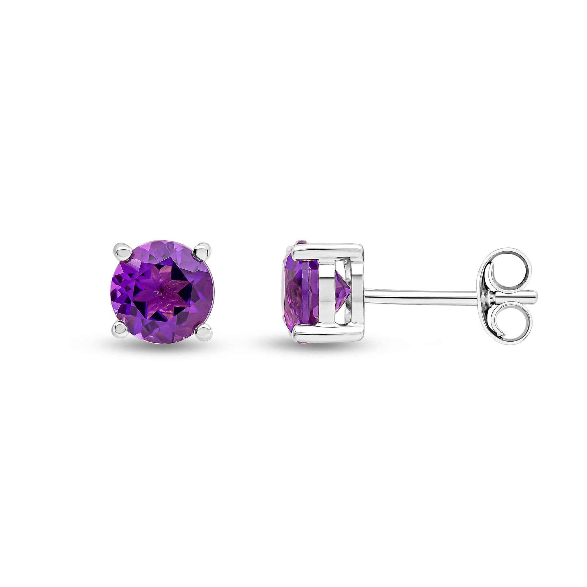 9ct White Gold 6mm Round Amethyst 4 Claw Earrings