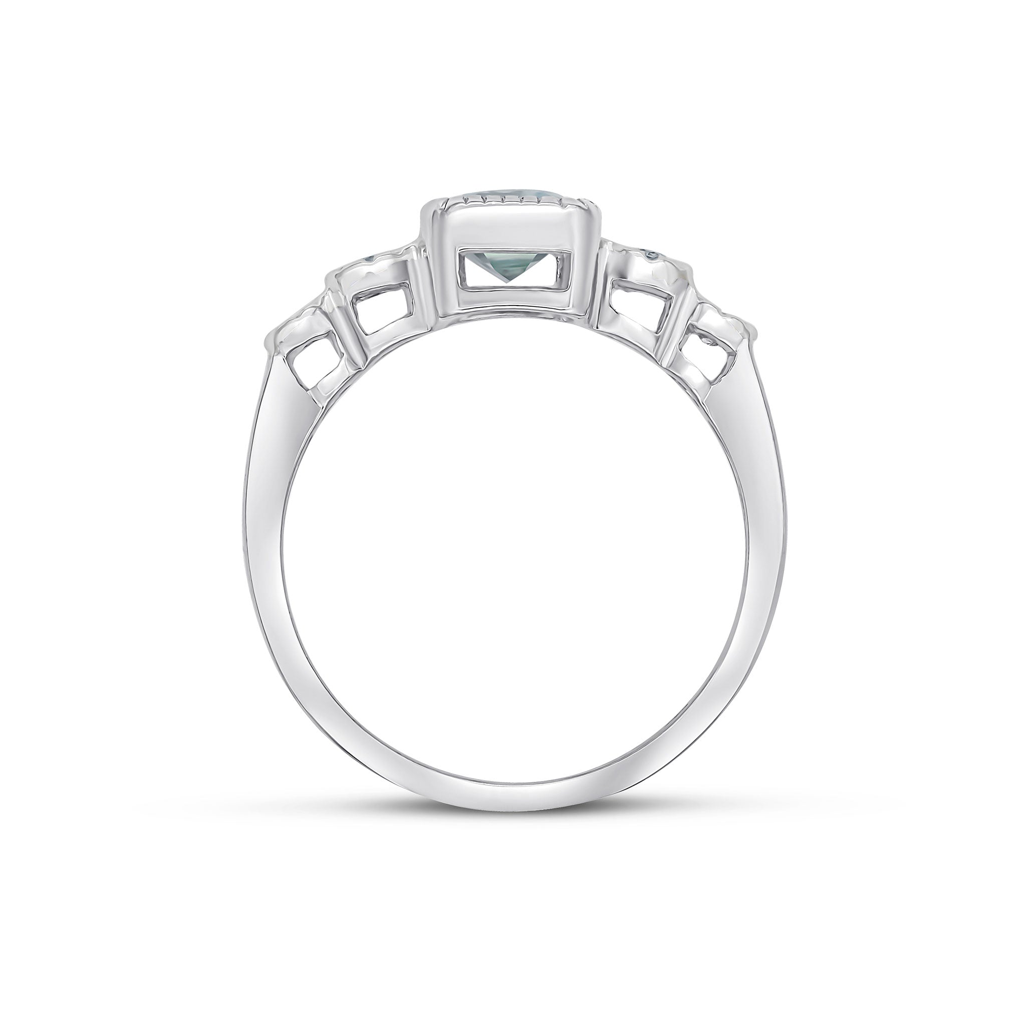9CT WHITE GOLD MILLEGRAIN OCTAGON AQUA AND ILLUSION DIAMOND 4ST SHOULDERS RING 1