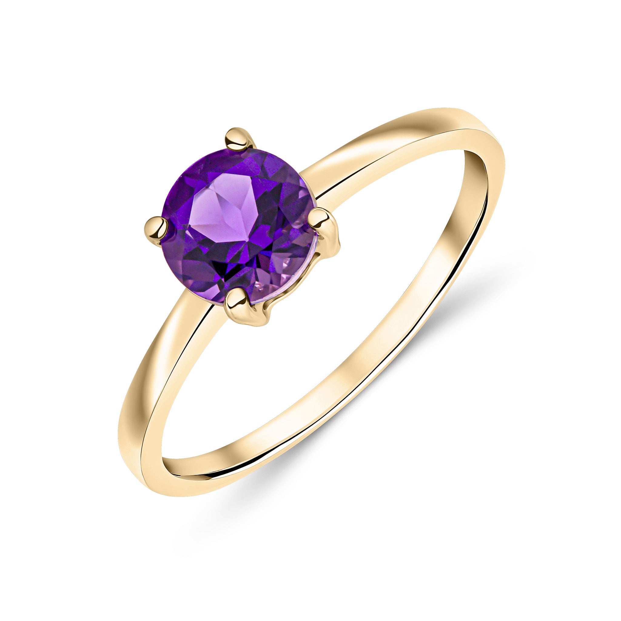 9ct Yellow Gold 6mm Round Amethyst 4 Claw Single Stone Ring