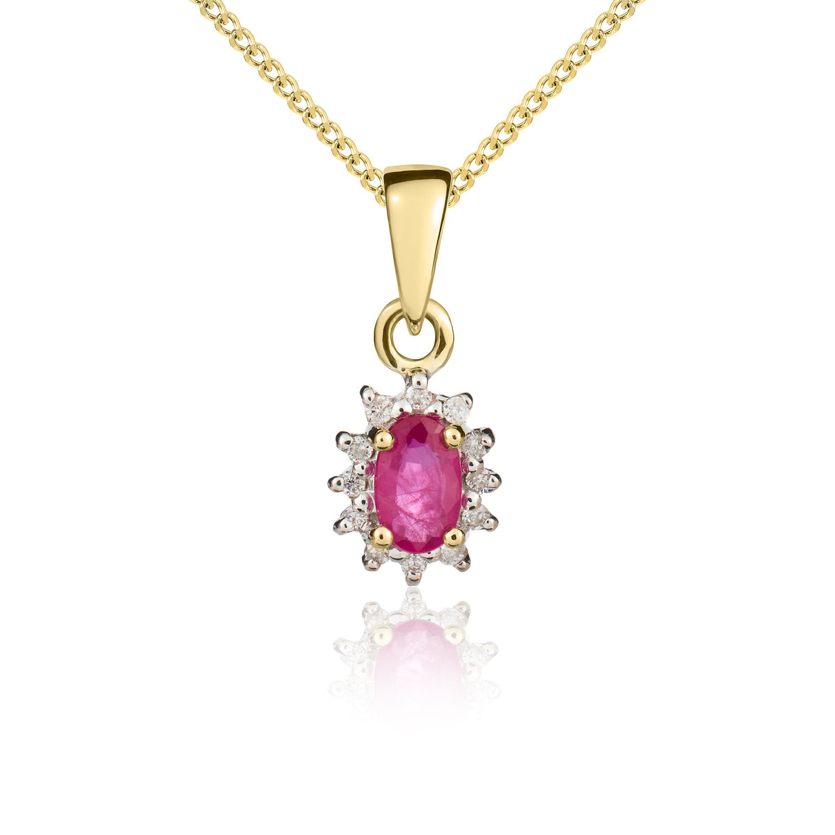 9ct Yellow Gold Oval Ruby & Diamond Cluster Pendant