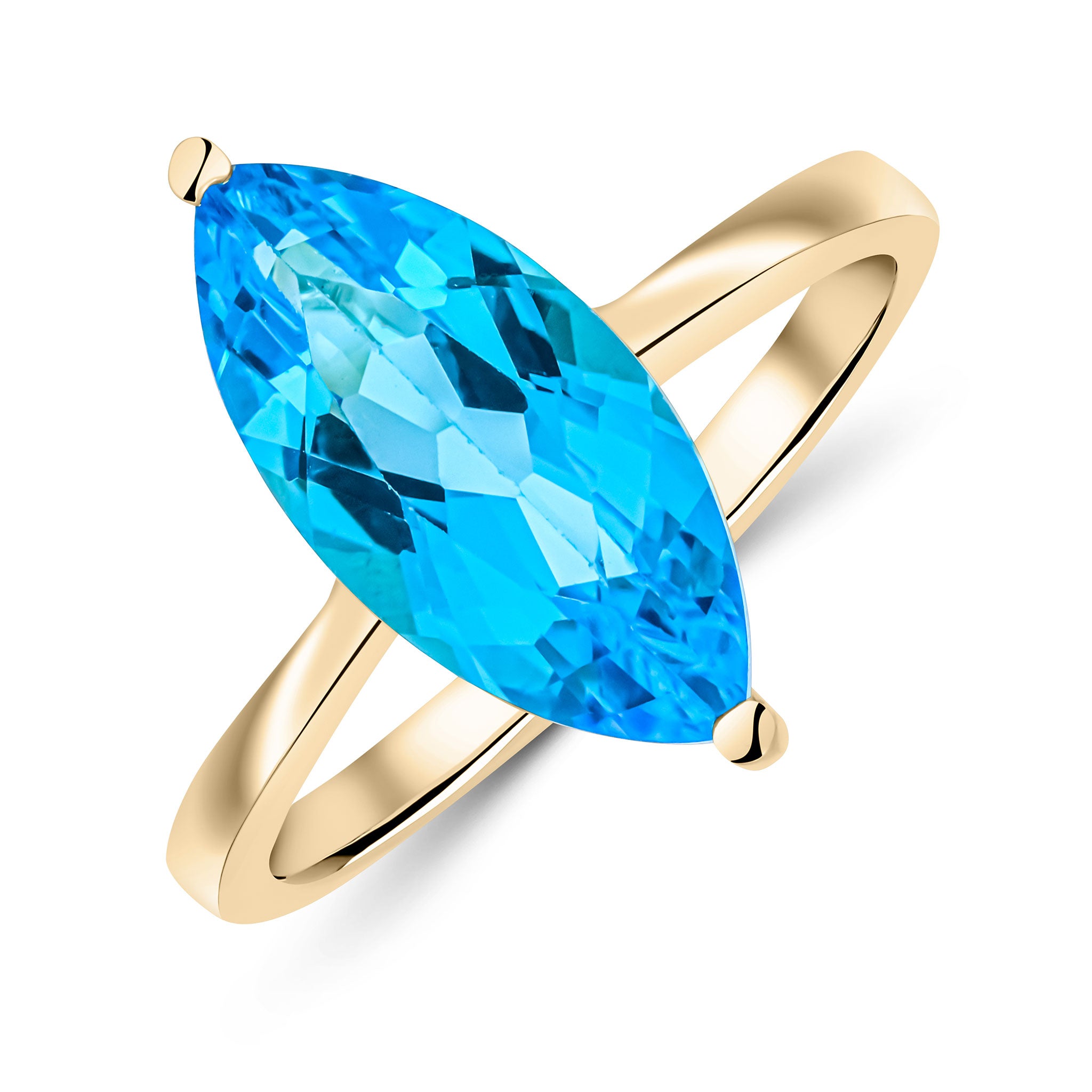 9ct Yellow Gold 15x7mm Marquise Swiss Blue Topaz Claw Set Single Stone Ring