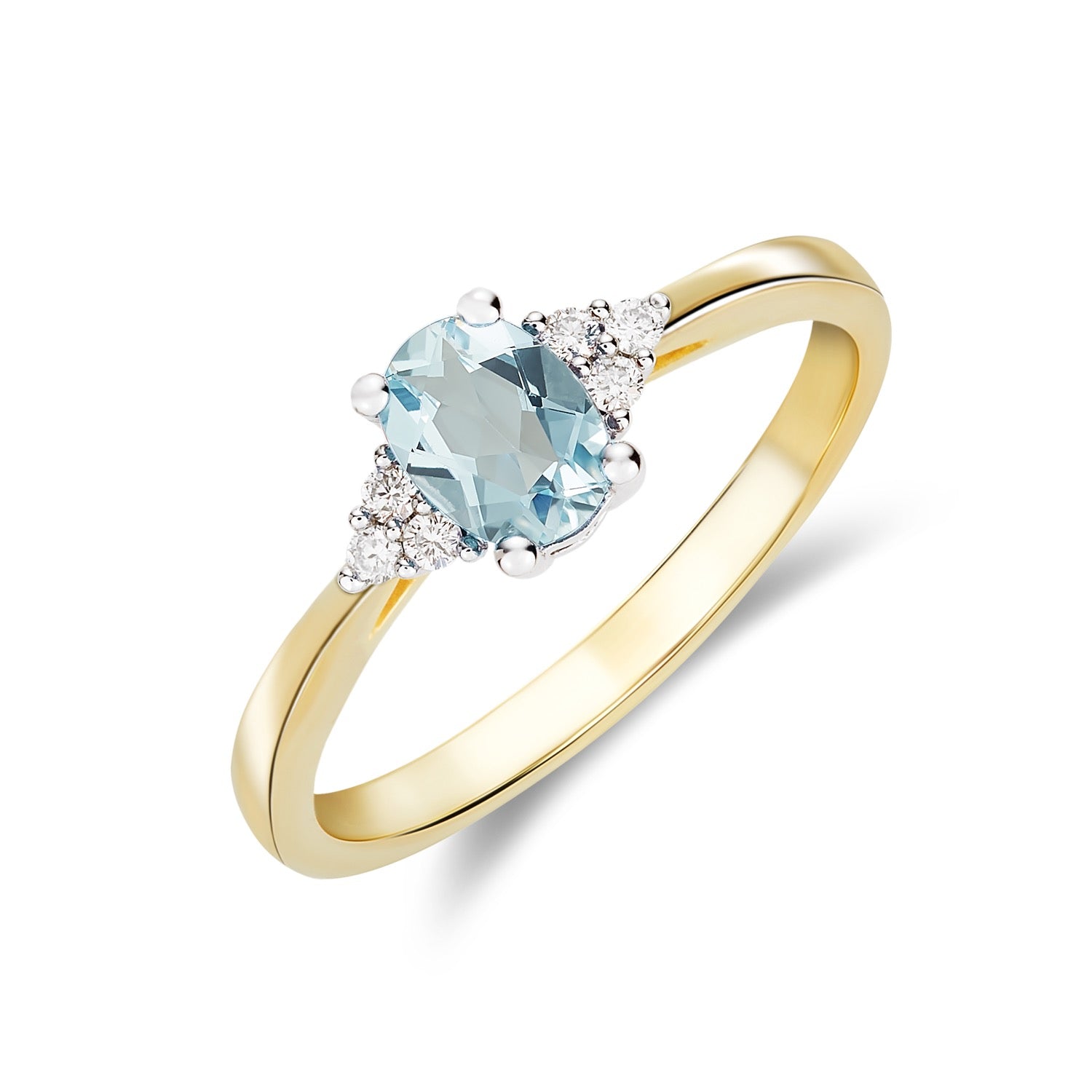9CT YWG 7X5 OVAL AQUA & DIAMOND TREFOIL SHOULDERS CLAW SET RING 1