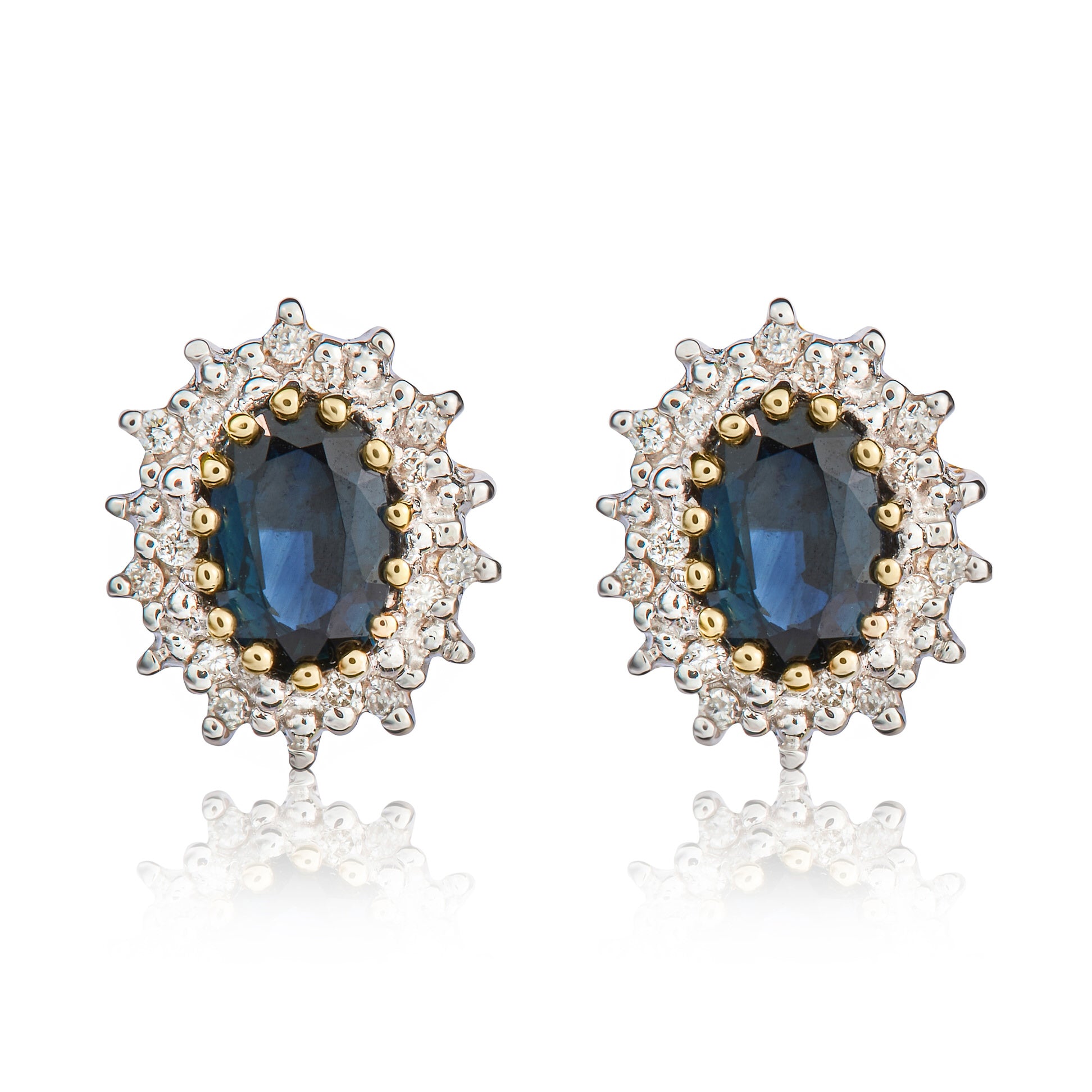 9CT YG 6X4 OVAL SAPPHIRE AND DIAMOND CLAW CLUSTER EARRINGS
