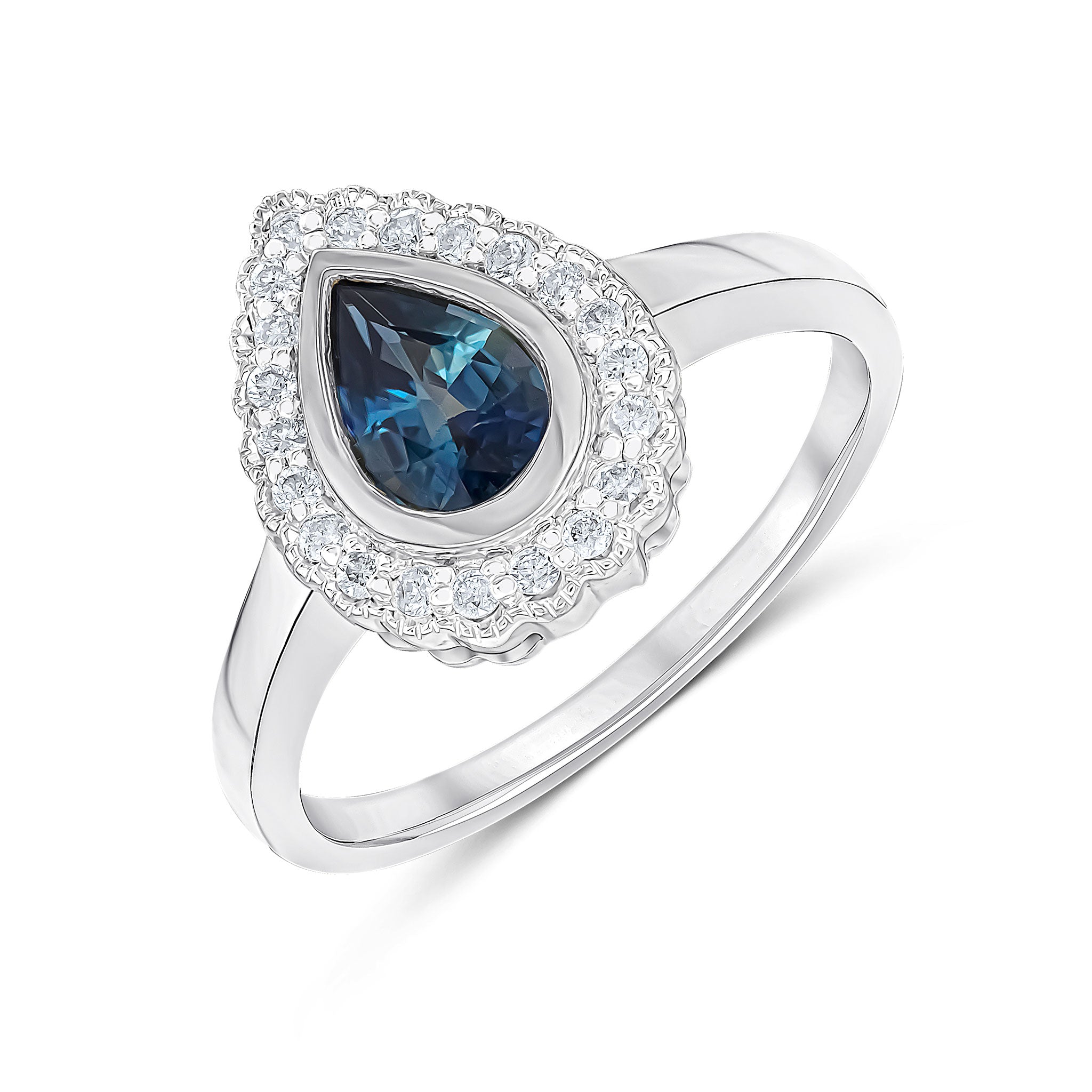 9CT WHITE GOLD PEARSHAPE RUBOVER SAPPHIRE AND MILLEGRAIN ROUND DIAMOND CLUSTER RING 1
