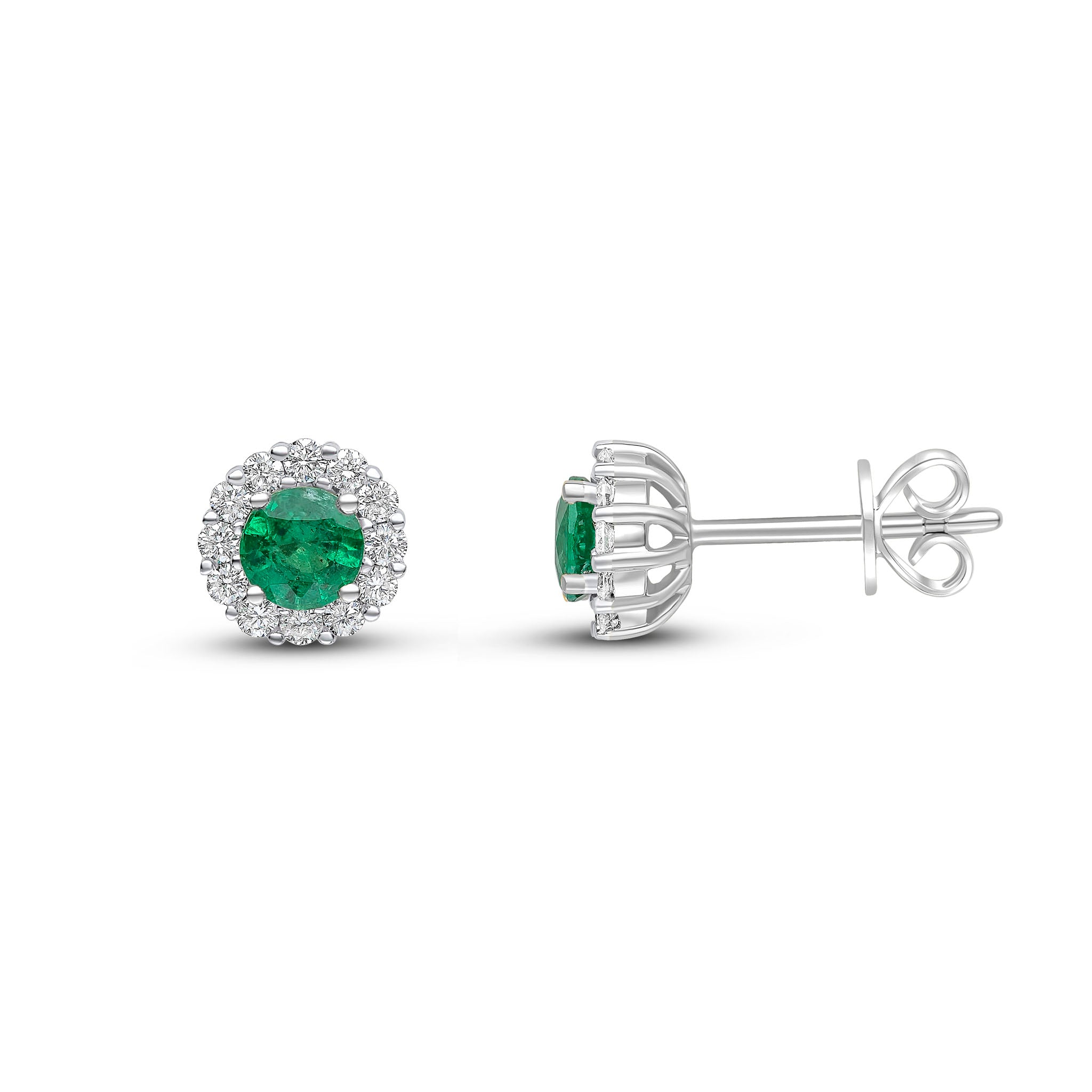 18ct White Gold 4mm Round Emerald & Diamond Cluster Claw Earrings