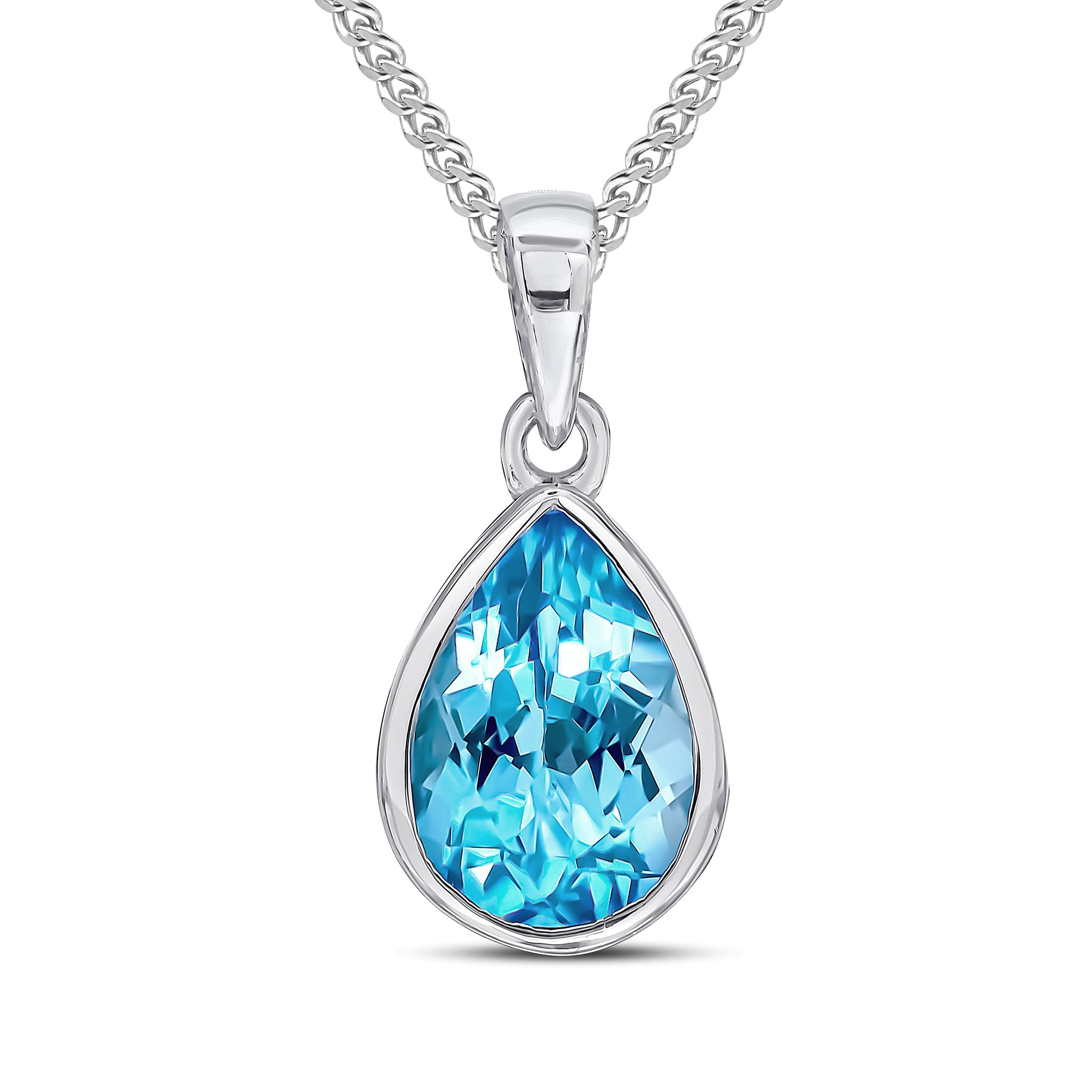 9ct White Gold 10x7 Pear Shape Swiss Blue Topaz Rubover Pendant