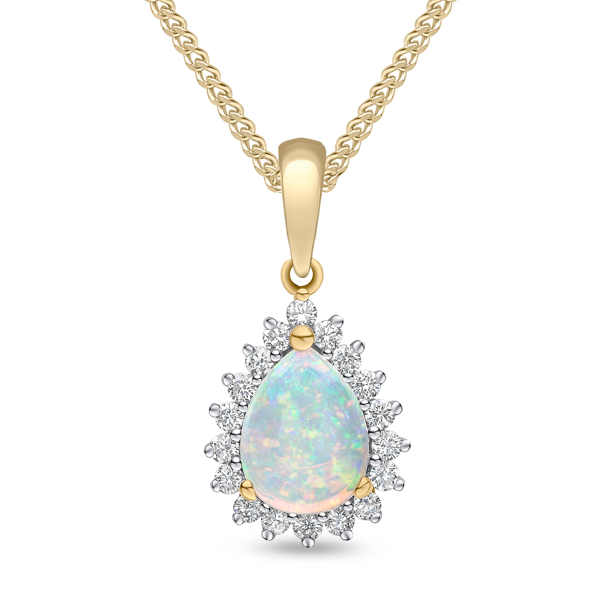 18ct Yellow Gold 8x6 Pear Shape Opal and Round Diamond Claw Set Cluster Pendant Rhodium to Diamonds