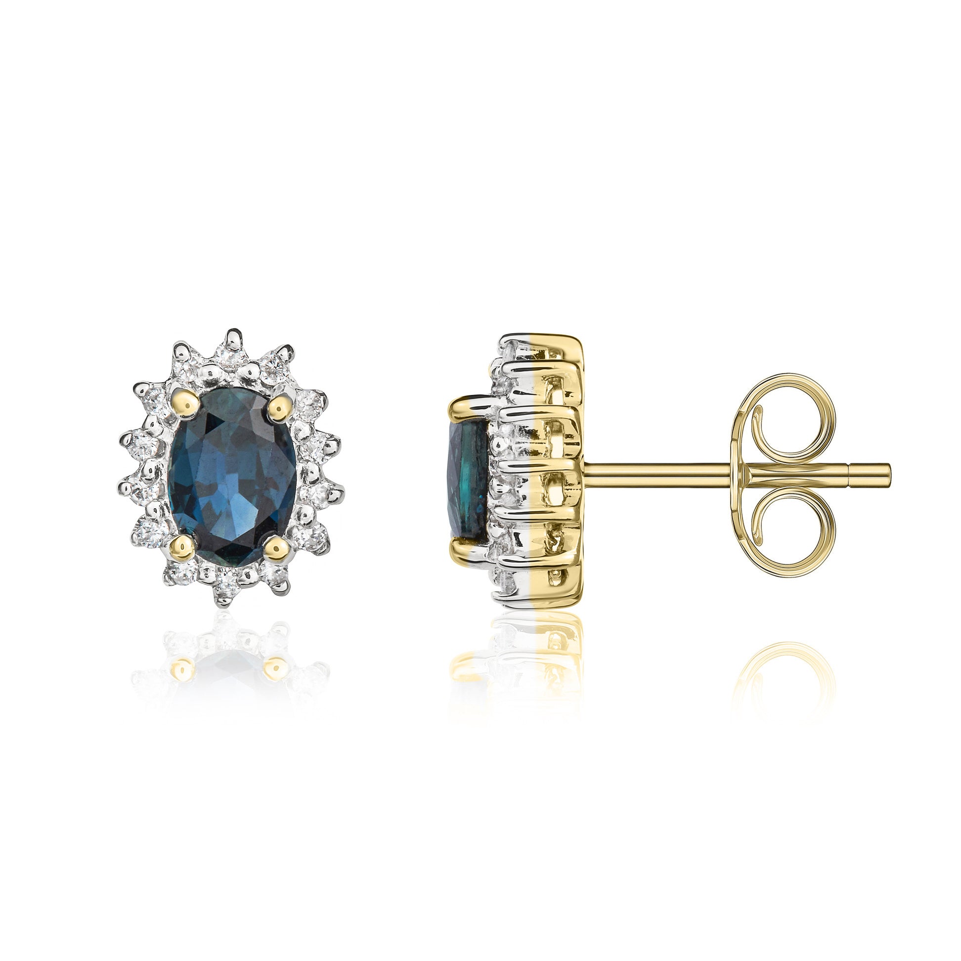 9ct Yellow Gold 6x4 Oval Sapphire and Diamond Claw Set Cluster Earrings Rhodium to Diamonds
