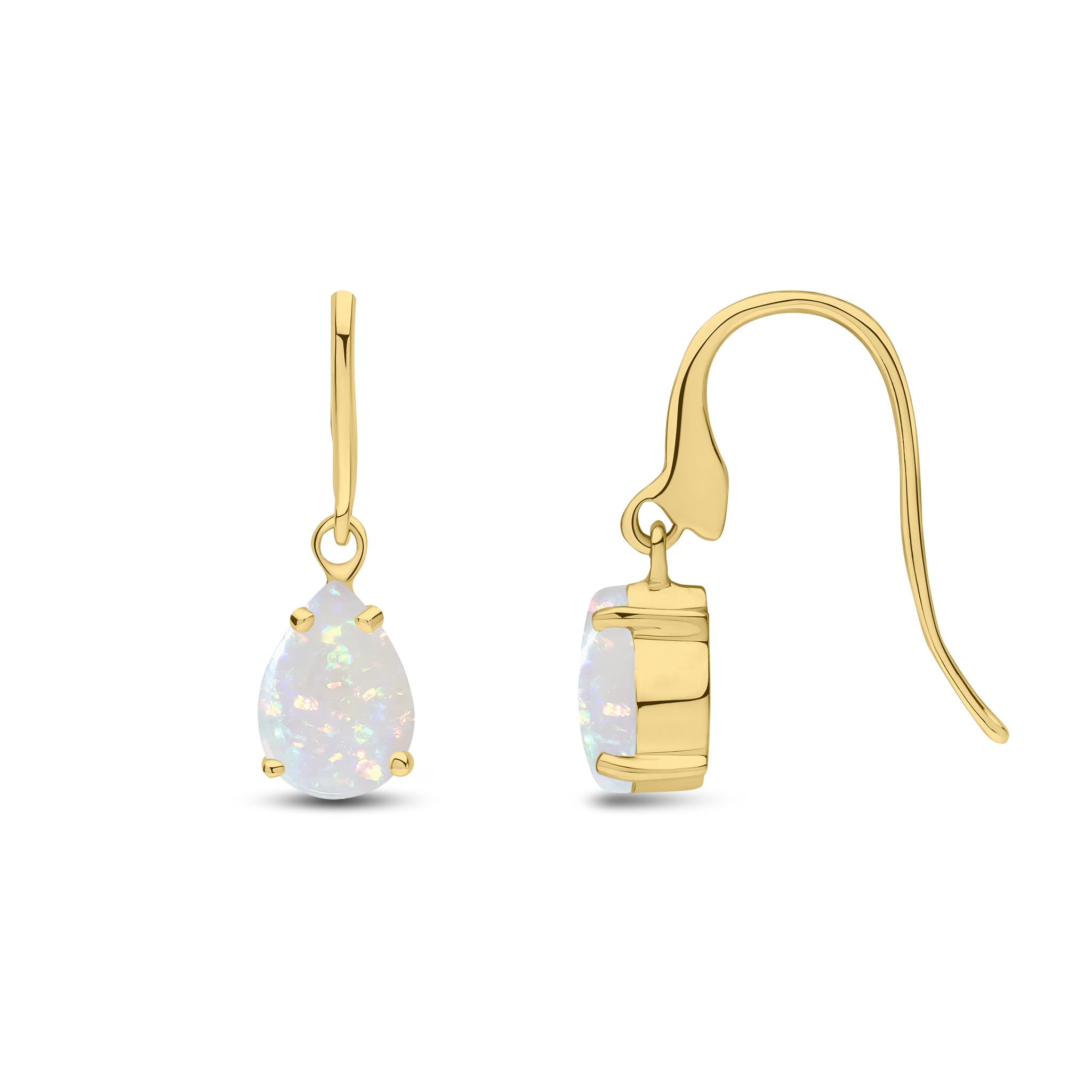 9ct Yellow Gold 7x5mm Pear Shape Opal Claw Set Wire Hook Drop Earrings
