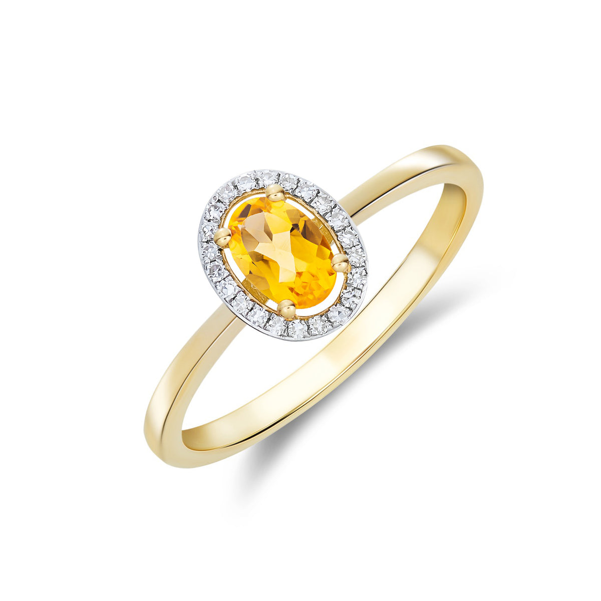 9ct Yellow Gold 6x4 Oval Citrine and Round Diamond Halo Cluster Ring