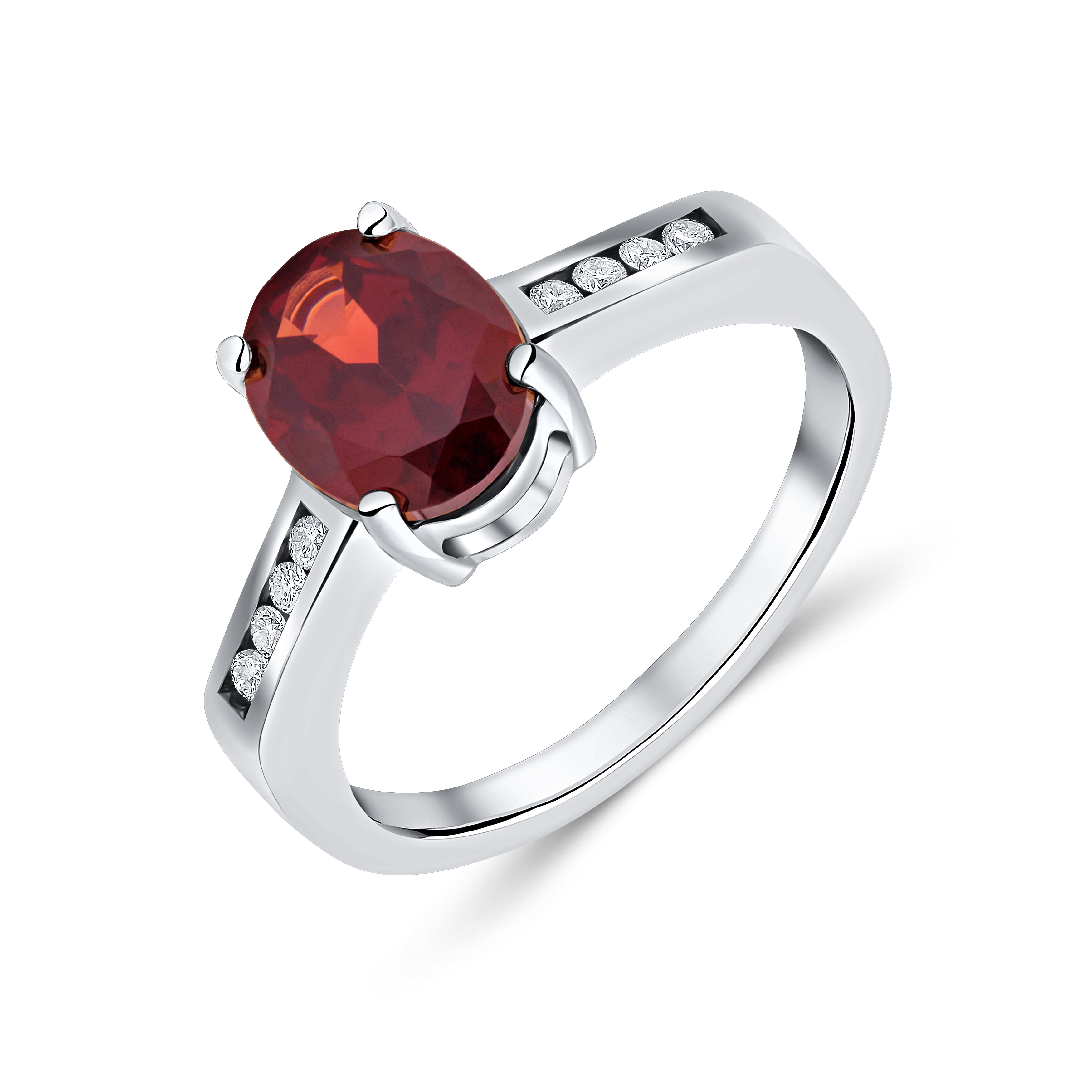 9ct White Gold 9x7mm Claw Set Oval Garnet Single Stone Ring with Channel Set Diamond Shoulders