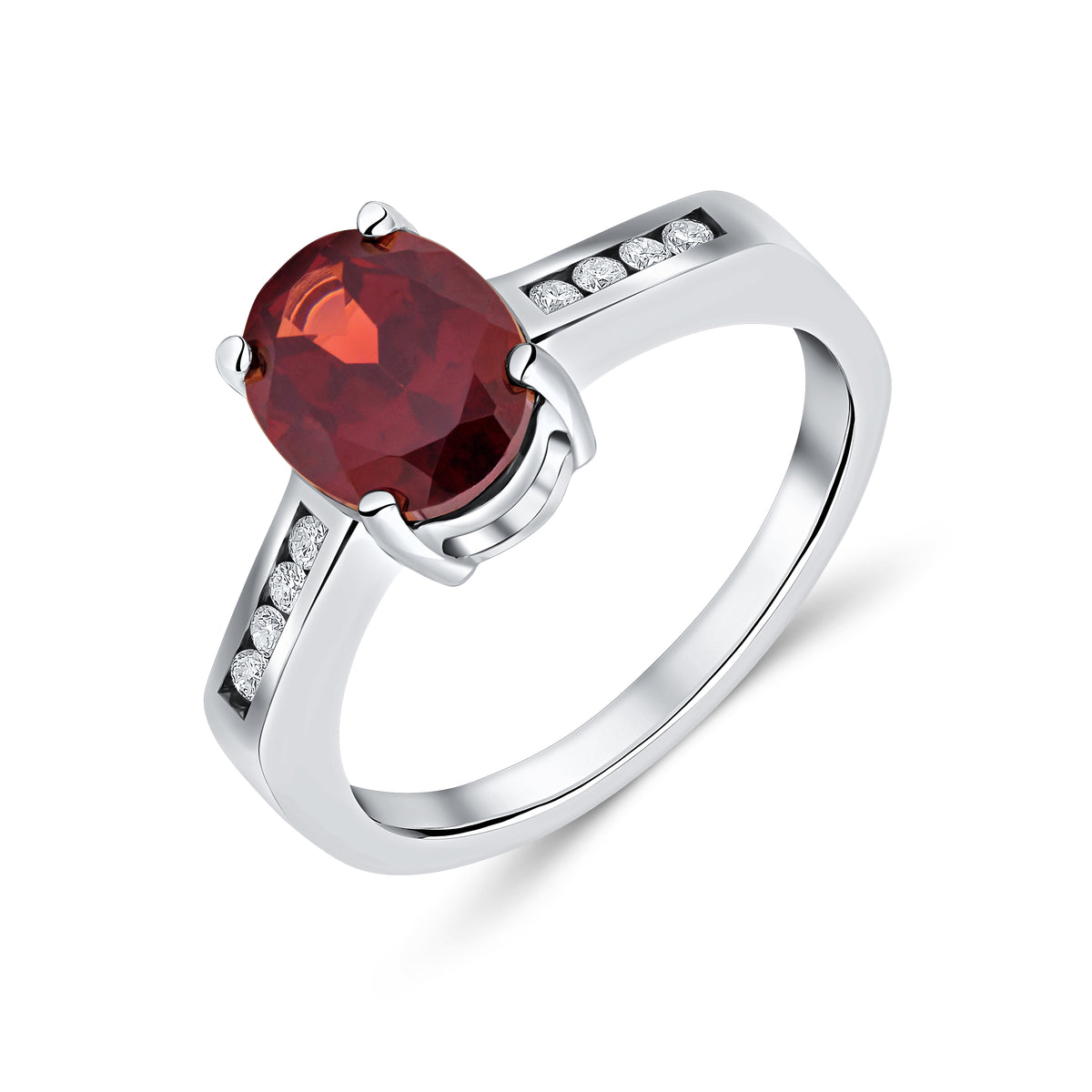 9ct White Gold 9x7mm Claw Set Oval Garnet Single Stone Ring with Channel Set Diamond Shoulders