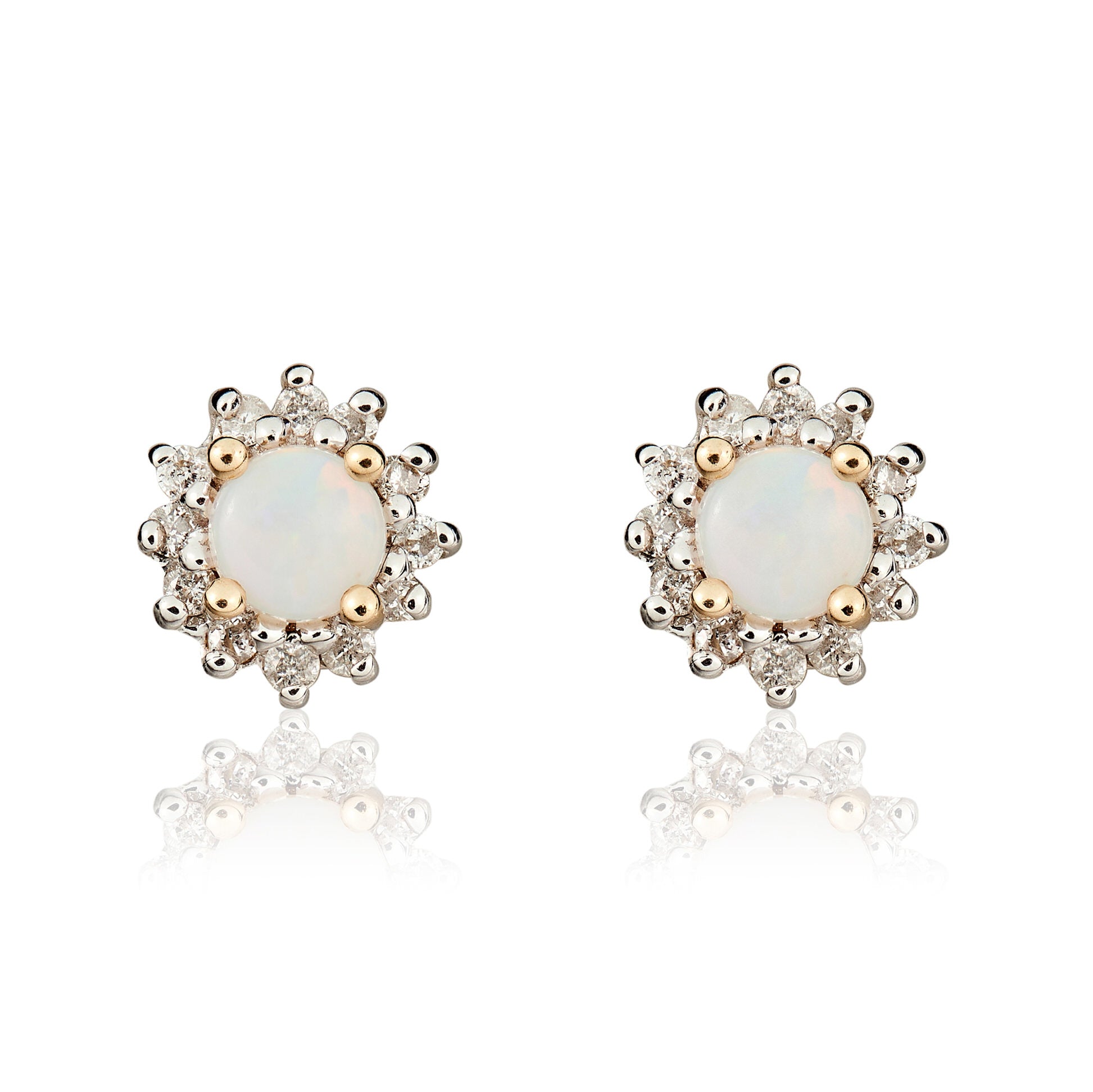 9ct Yellow Gold 3mm Round Opal and Diamond Claw Cluster Earrings Rhodium to Diamonds