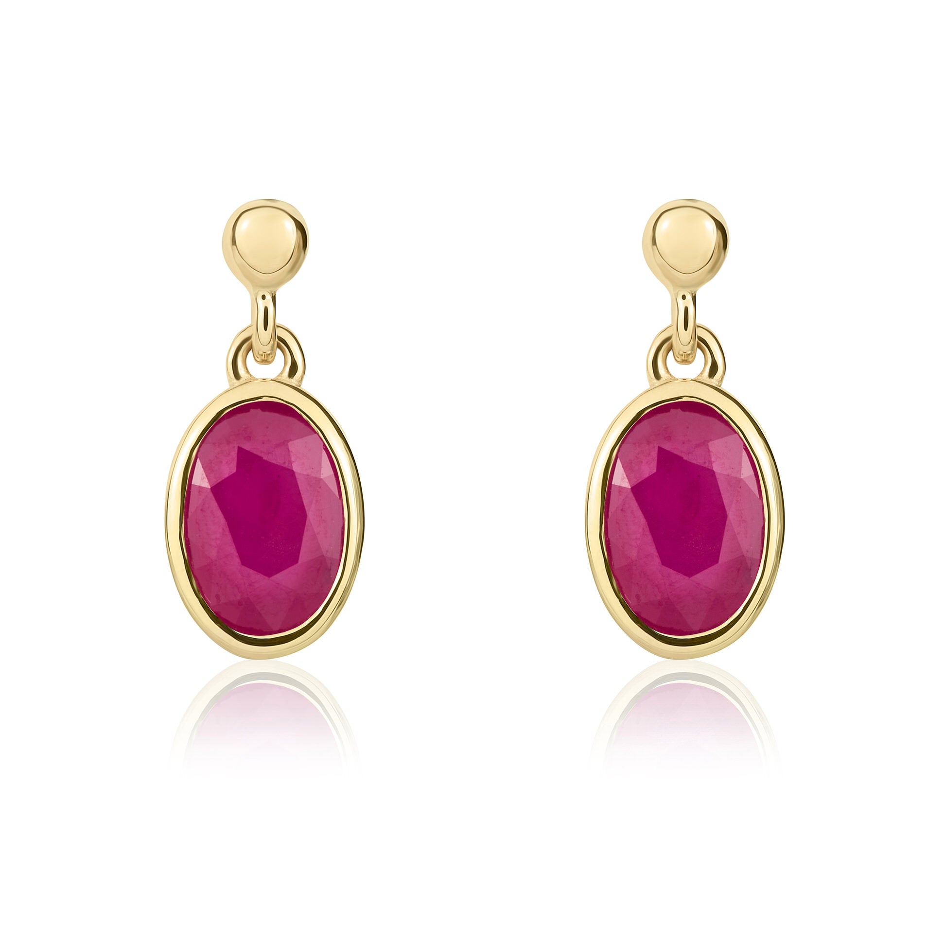 9ct yellow gold 6 x 4mm Oval Ruby Rubover Drop Earrings With 2.5mm Bead Top