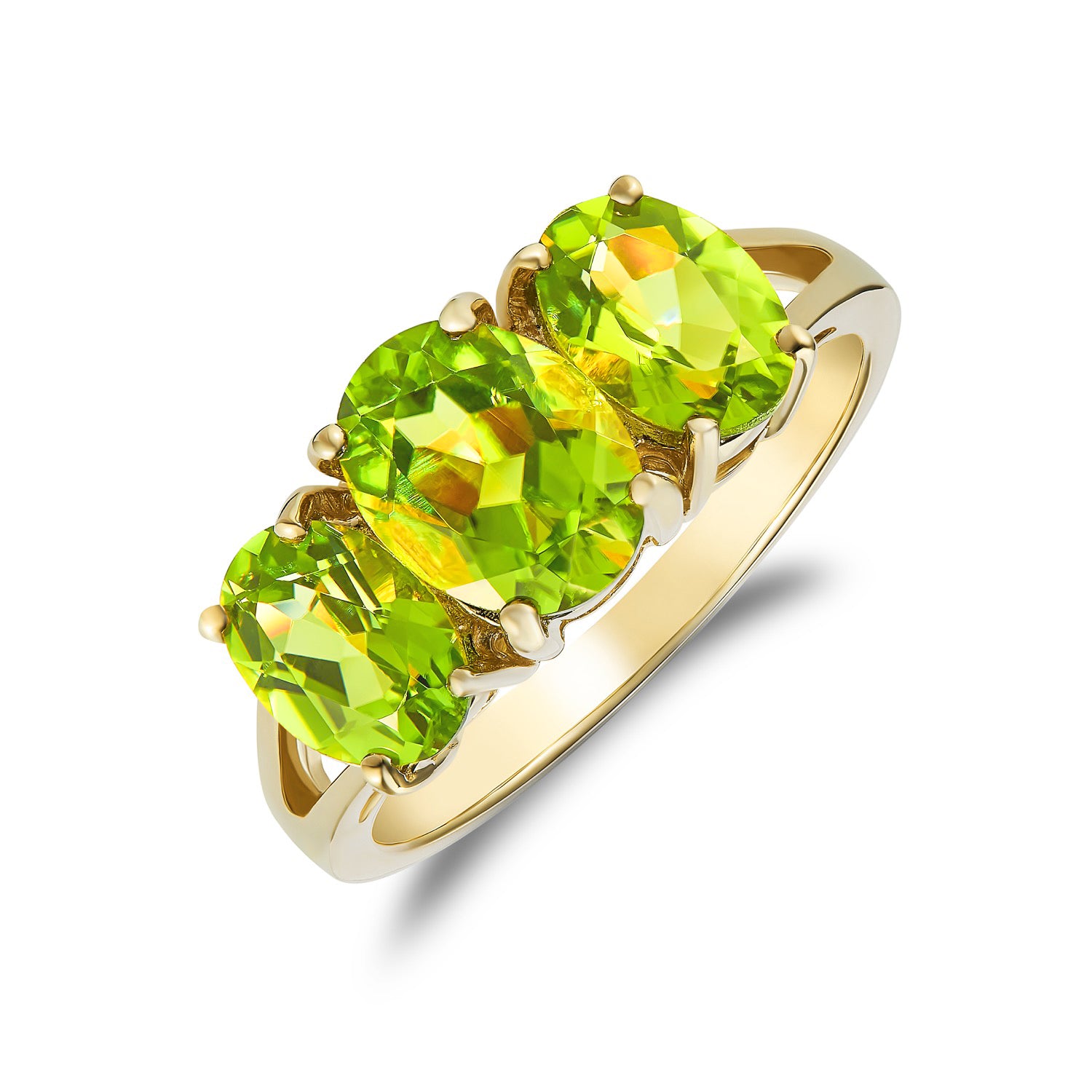 9ct Yellow Gold Oval Peridot Claw Set 3 Stone Ring with Split Shoulders