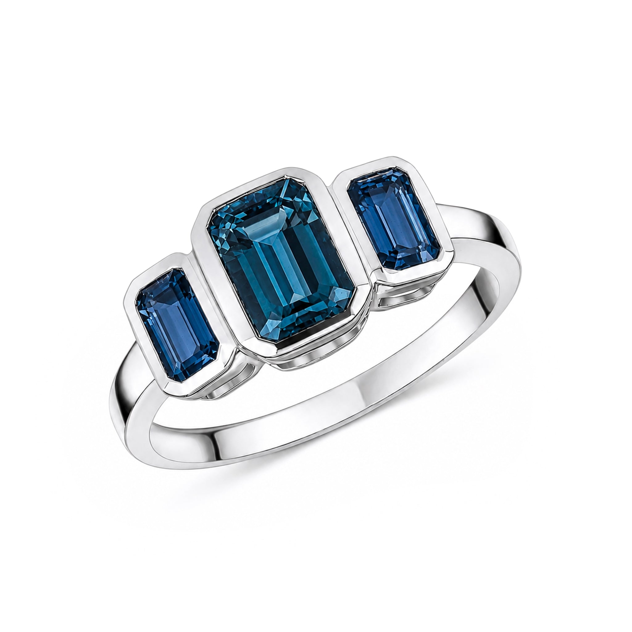 9ct White Gold Octagon London Blue Topaz Rubover Set 3 Stone Ring