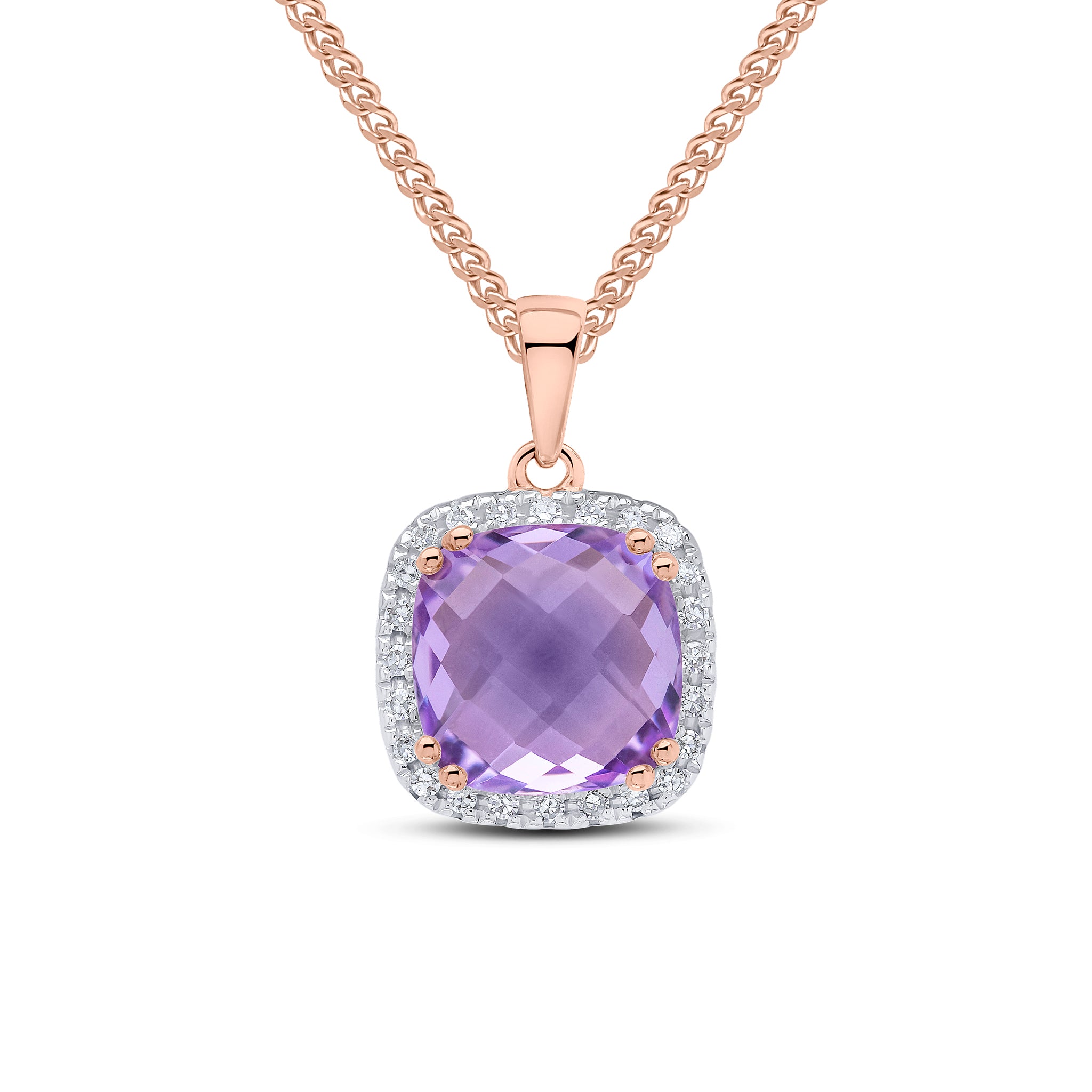 9ct Rose Gold 8mm Checkerboard Cut Cushion Pink Amethyst And Round Diamond Pendant