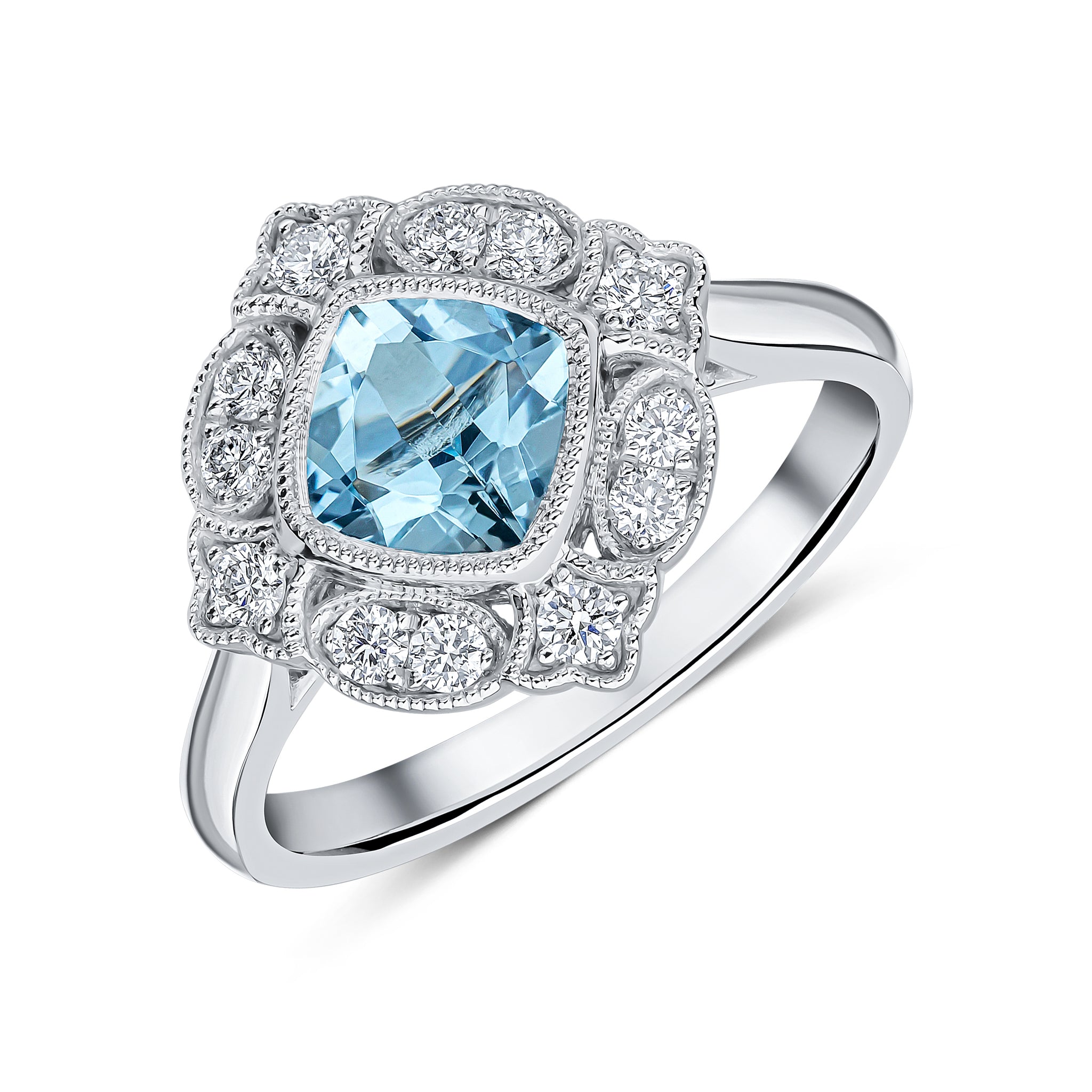 18ct White Gold Cushion Aquamarine and Round Diamond Milgrain Set Fancy Cluster Ring