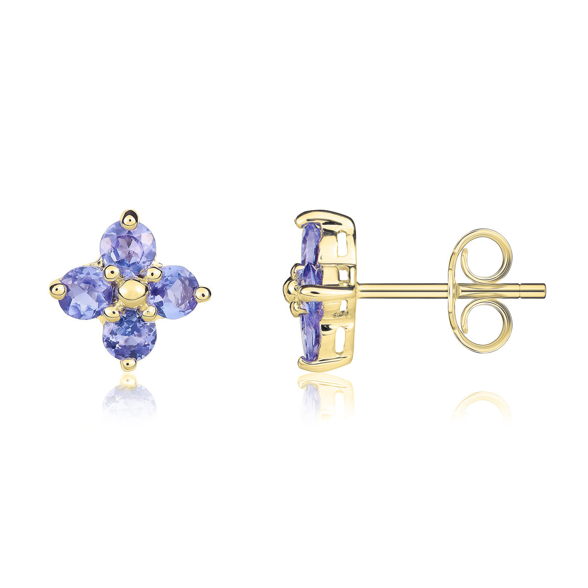 9ct Yellow Gold Round Tanzanite Quatrefoil Claw Earrings