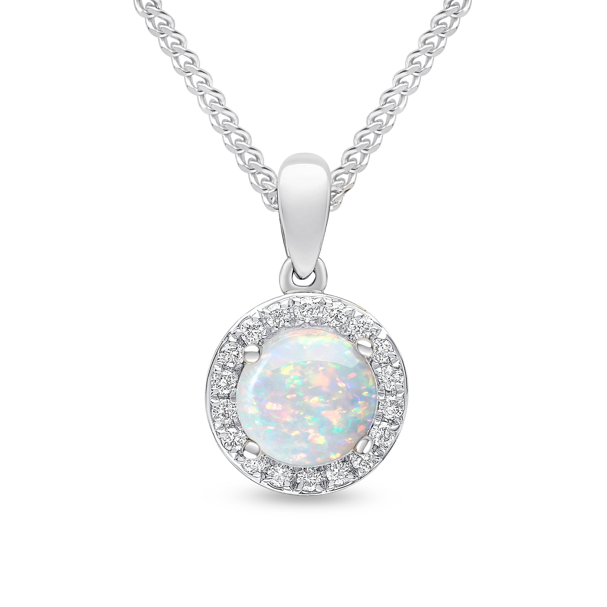 18wg 6mm Round Opal & Diamond Cluster Pendant