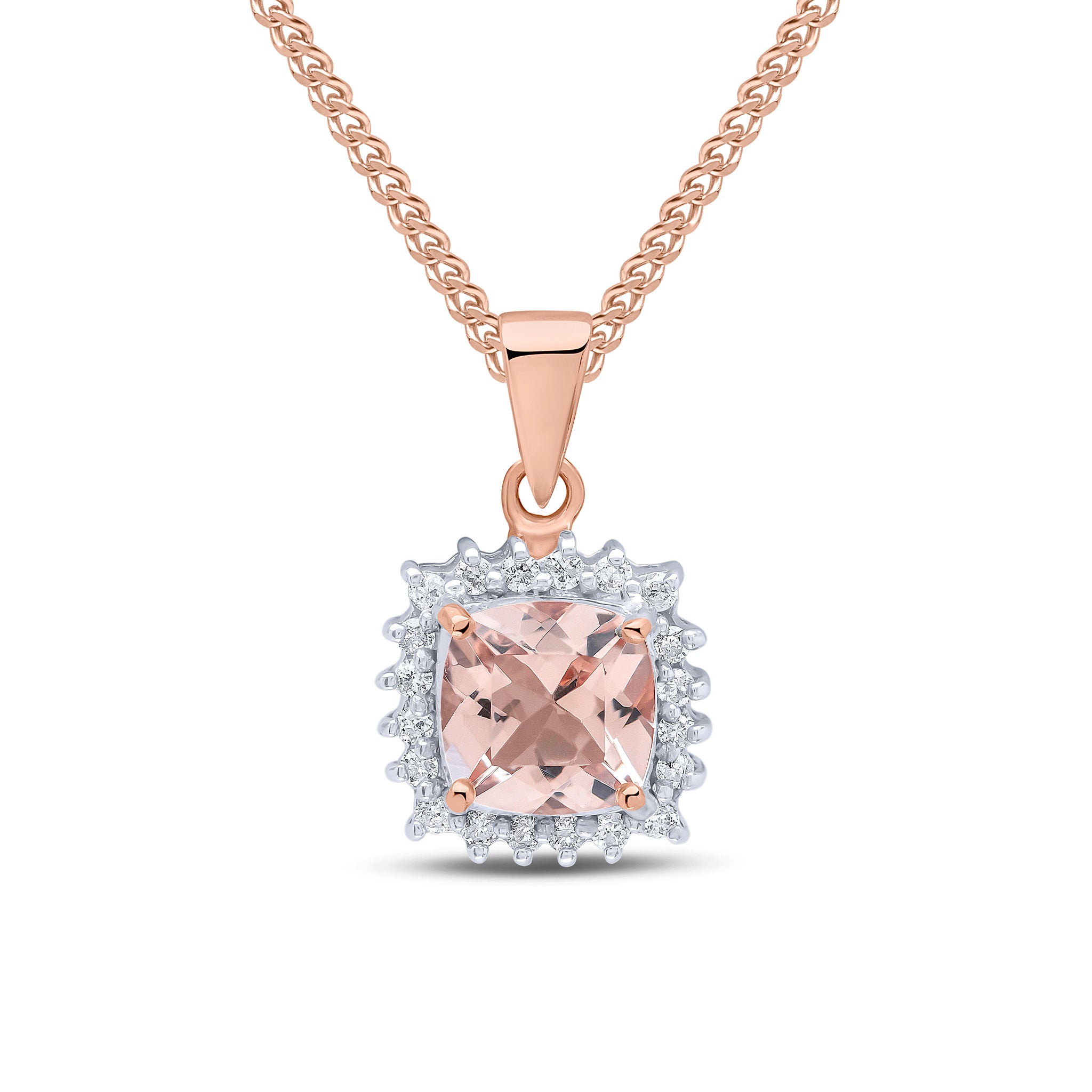 9ct Rose Gold Cushion Morganite & Diamond Pendant