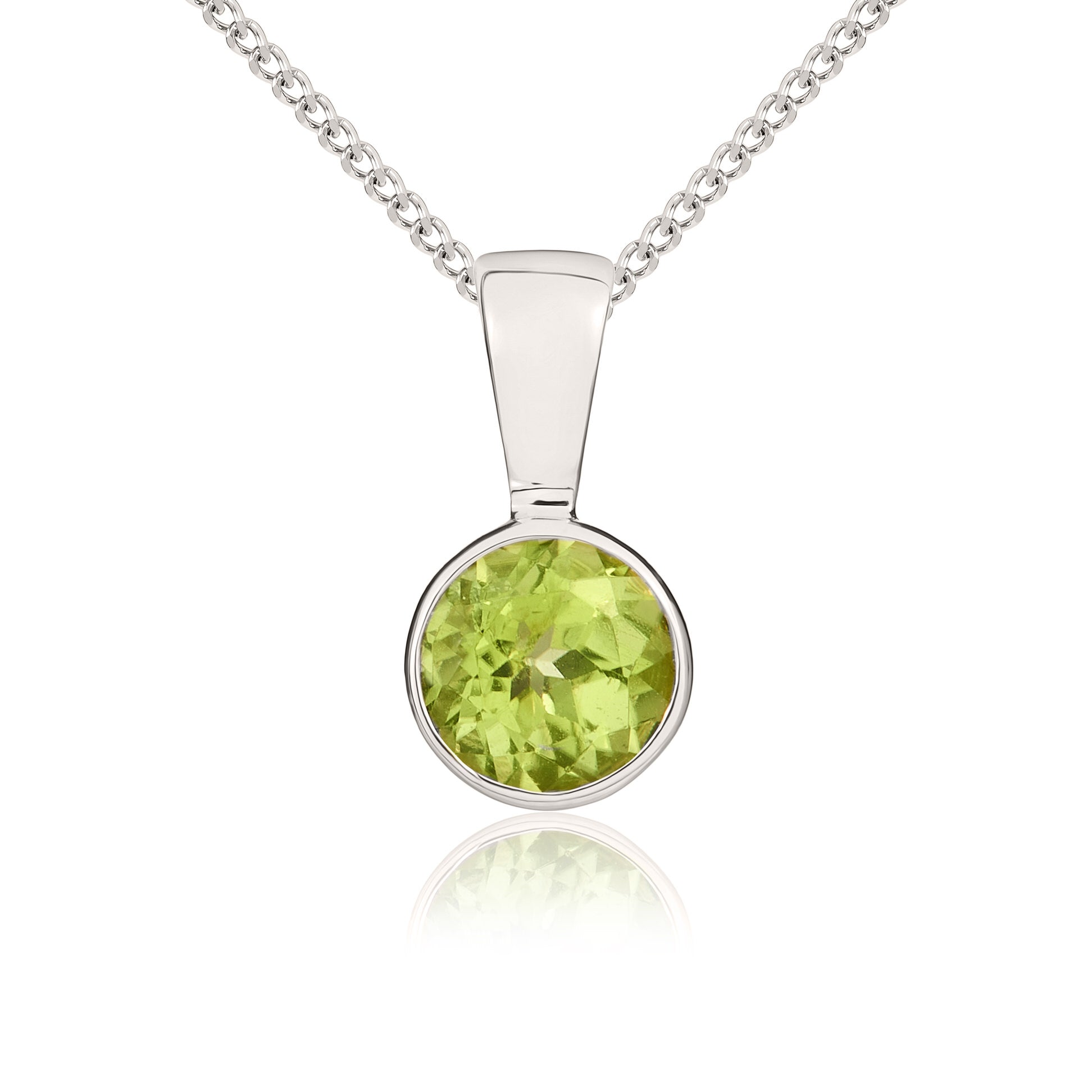 9ct white gold 5mm Round Peridot Rubover Pendant