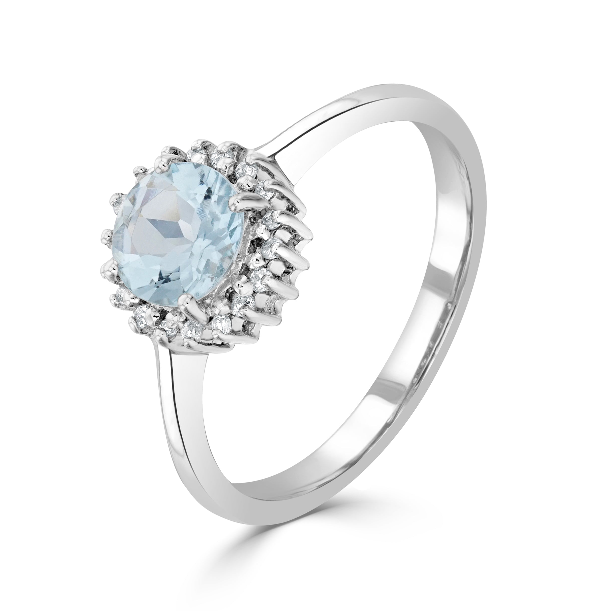9CT WG 6MM ROUND AQUA & DIAMOND CLAW SET CLUSTER RING 1