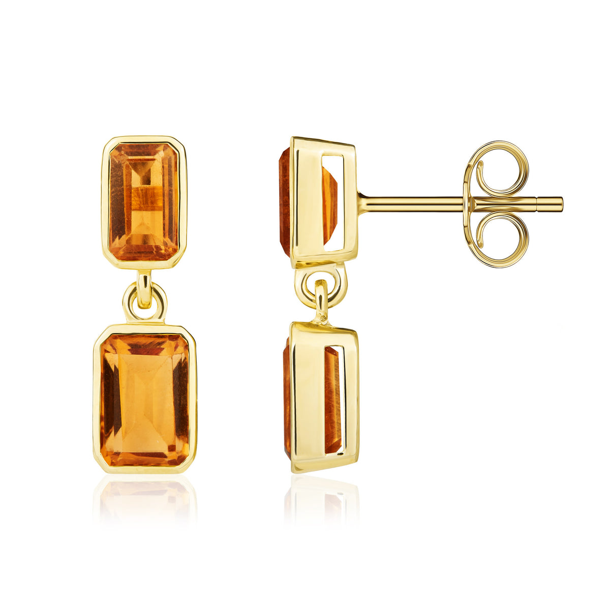 9ct Yellow Gold Octagon Citrine 2 Stone Rubover Drop Earrings