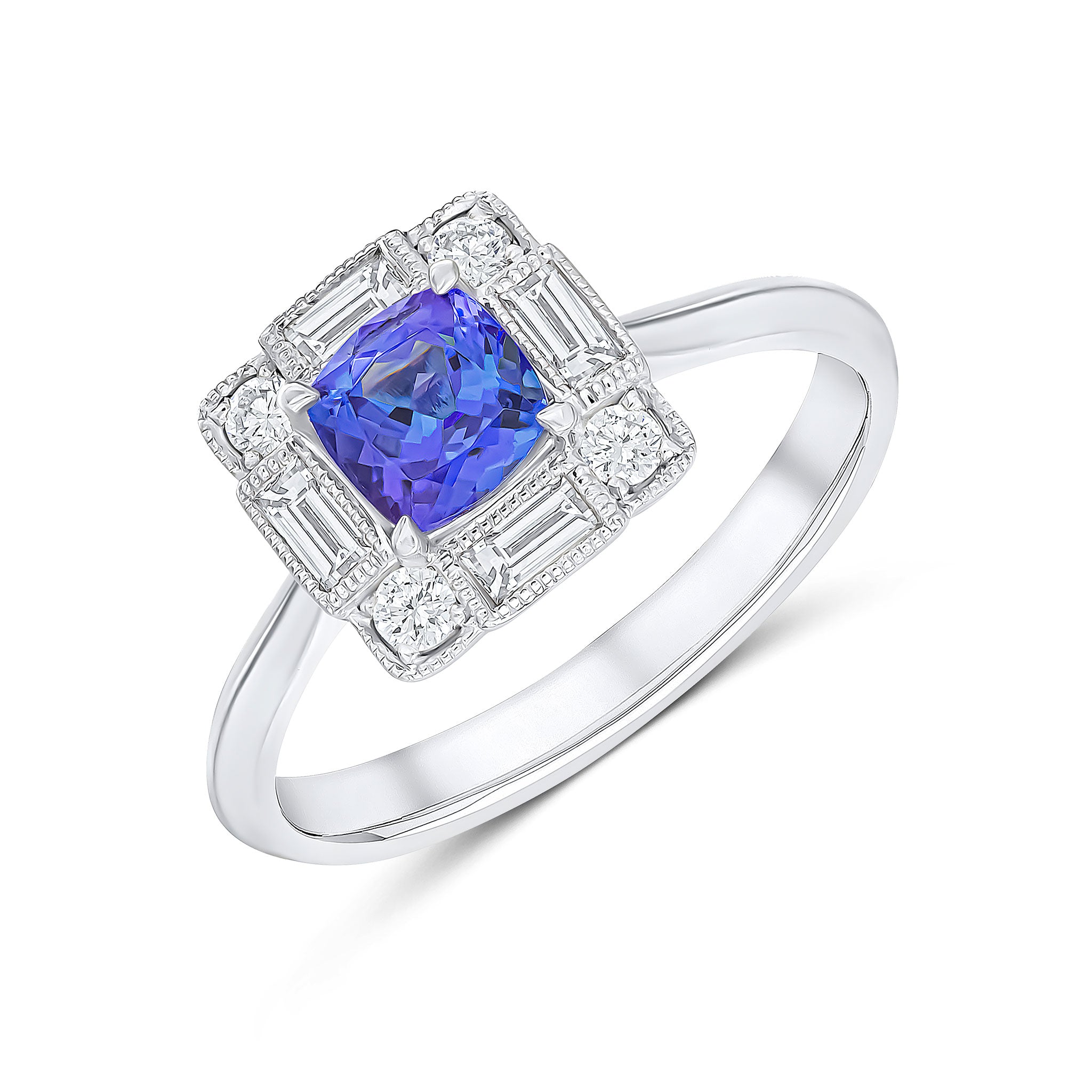 18ct White Gold Claw Set Cushion Tanzanite and Milgrain Set Baguette and Round Diamond Fancy Cluster Ring