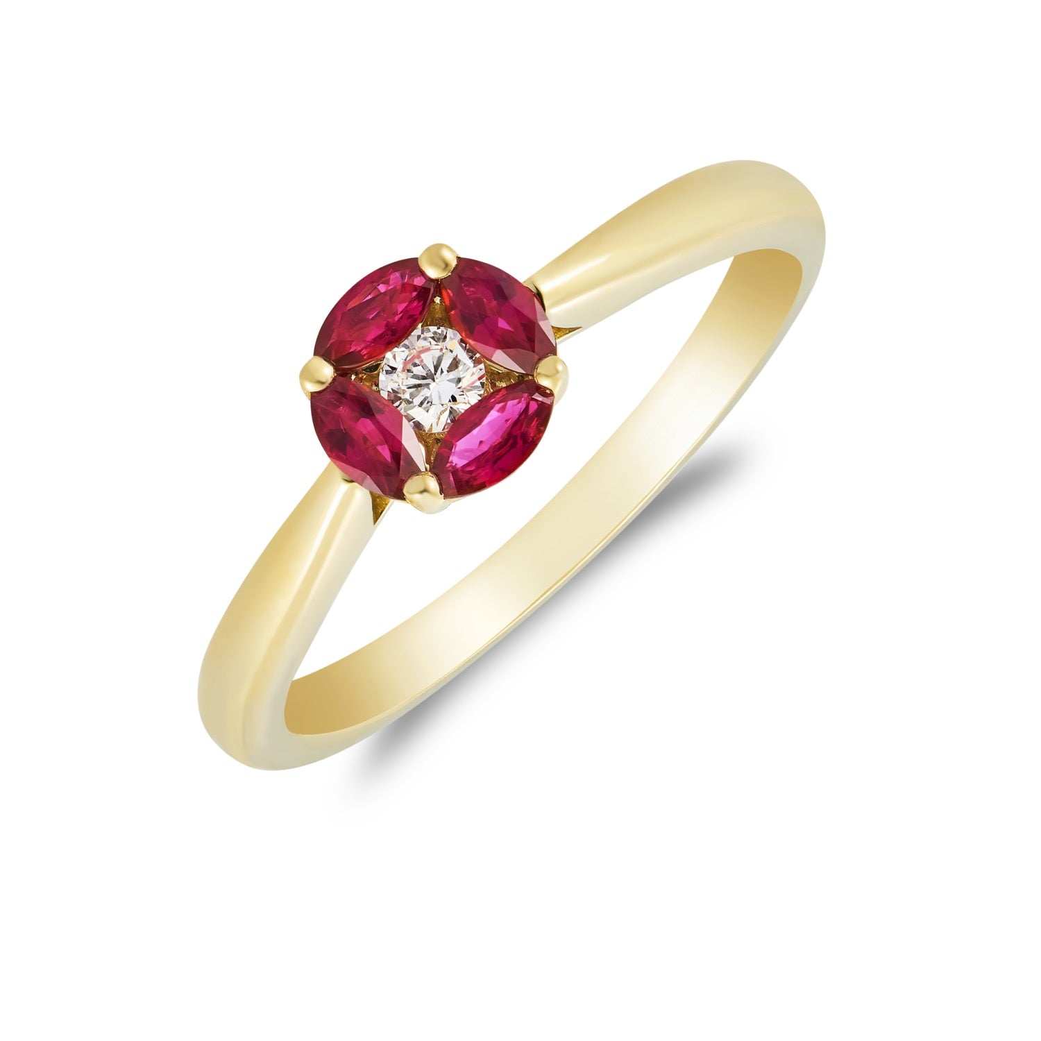 18ct Yellow Gold Marquise Ruby & Round Diamond Cluster Ring Tapered Shank