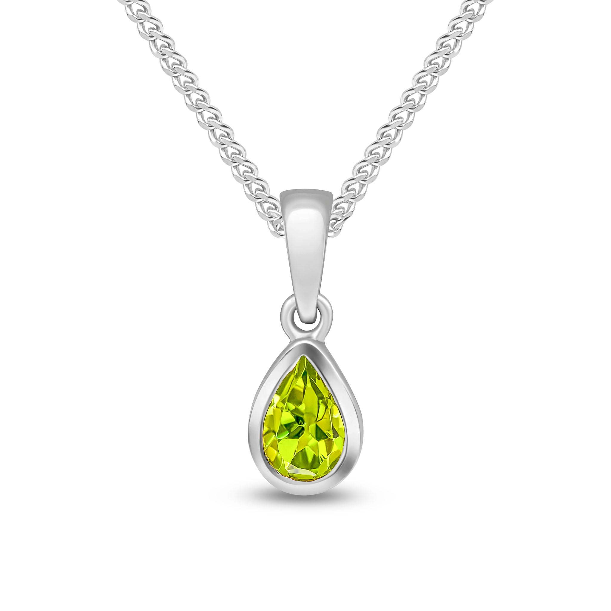 9ct White Gold 6x4 Pear Shape Peridot Rubover Single Stone Pendant