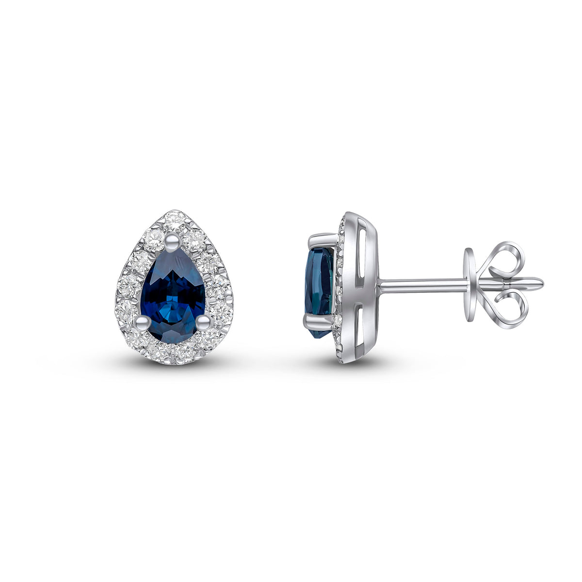 18ct White Gold 6x4 Pear Shape Sapphire and Diamond Claw Cluster Earrings