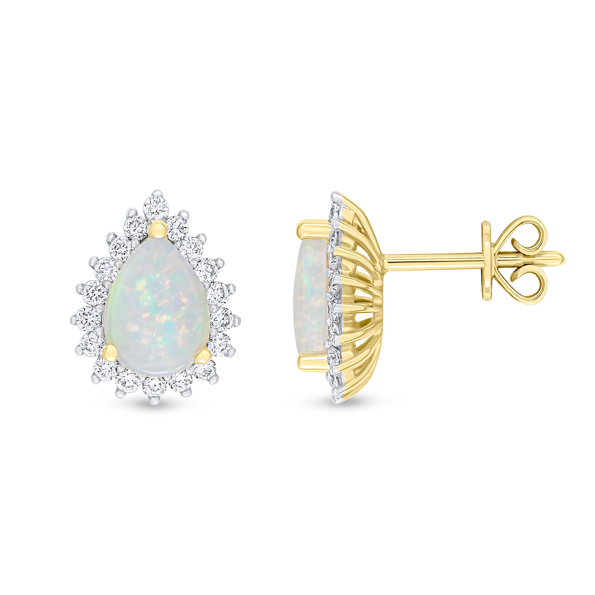 18ct Yellow Gold 8x6mm Pear Shape Opal & Diamond Claw Set Cluster Earrings Rhodium to Diamonds