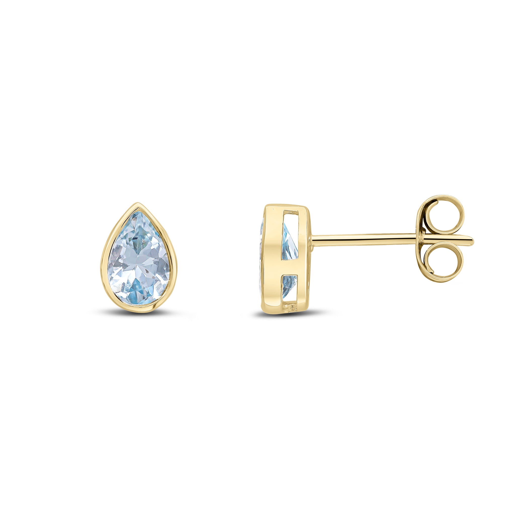 9ct Yellow Gold 6x4 Pear Shape Aquamarine Rubover Set Earrings