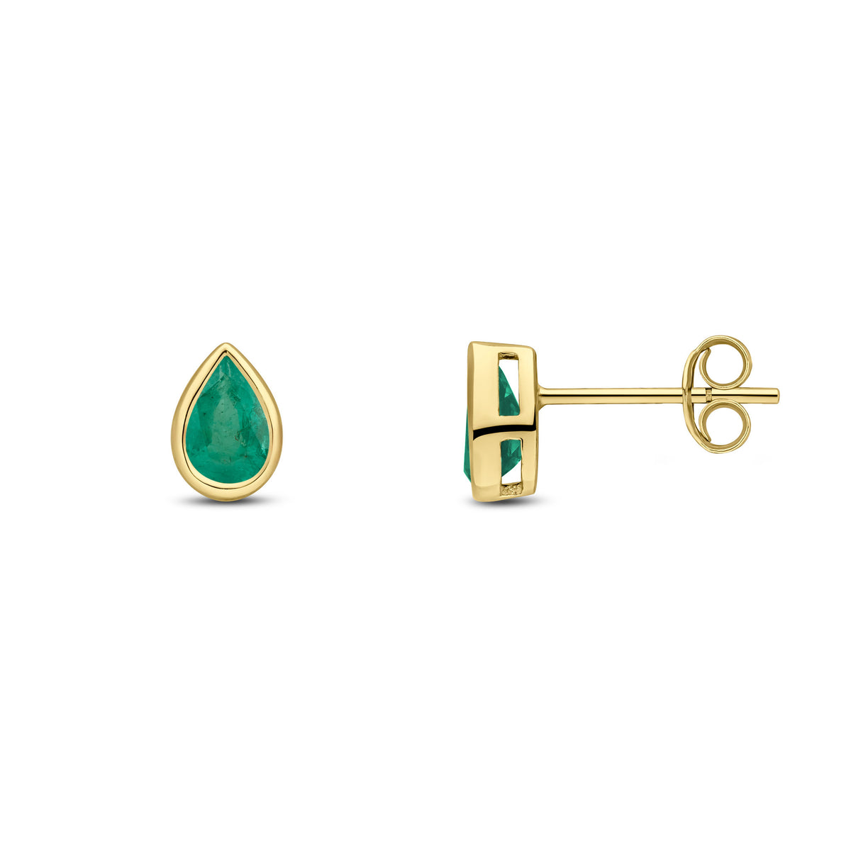 9ct Yellow Gold 6x4 Pear Shape Emerald Rubover Set Earrings