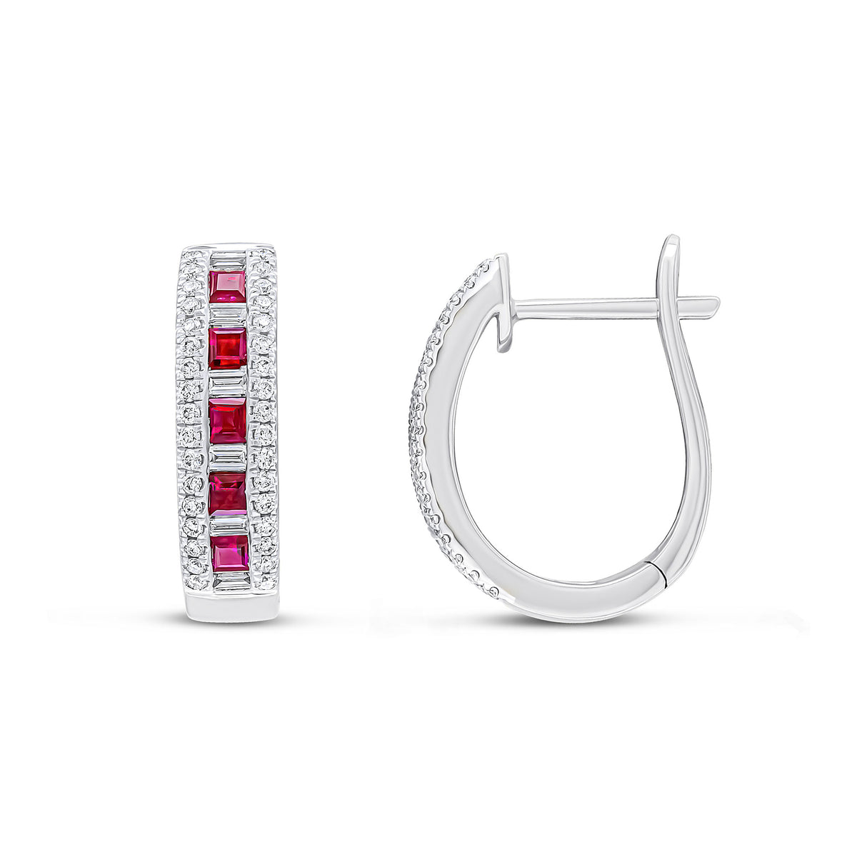 18wg Square Ruby Baguette & Brill Diamond Oval Hoops