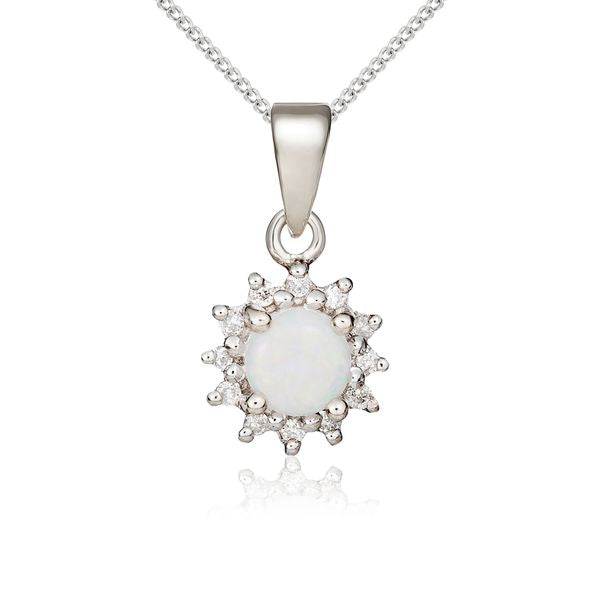 9ct White Gold Round 4mm Opal & Diamond Claw Cluster Pendant