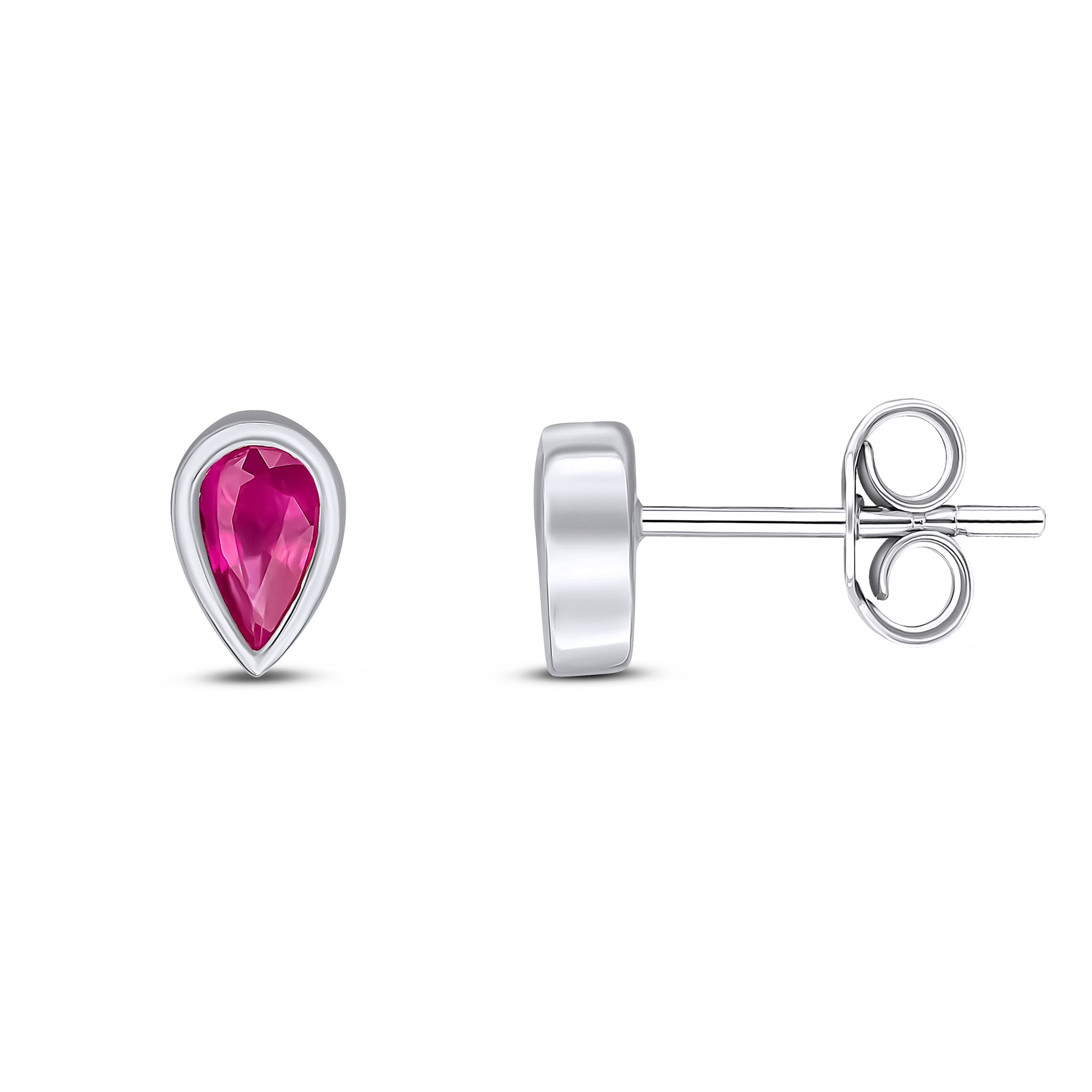 9ct White Gold 5x3 Pear Shape Ruby Rubover Set Earrings
