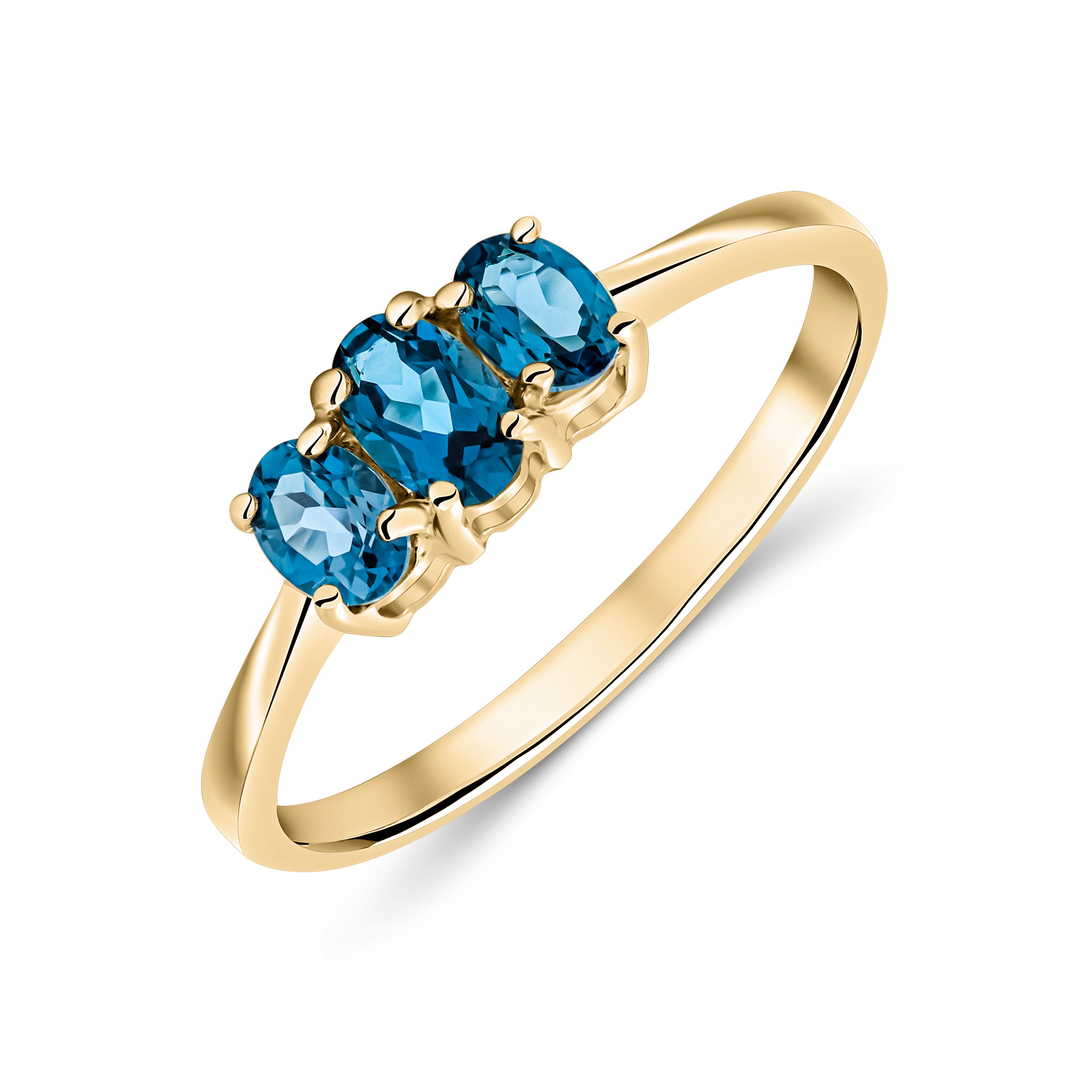9ct Yellow Gold Oval London Blue Topaz 3 Stone Claw Set Ring