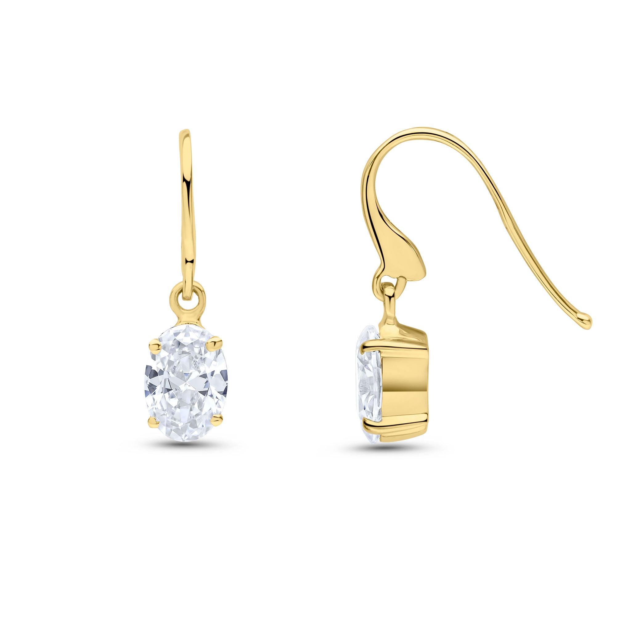 9ct Yellow Gold 7x5 Oval CZ Claw Set Drop Earrings with Hook Wire Fitting