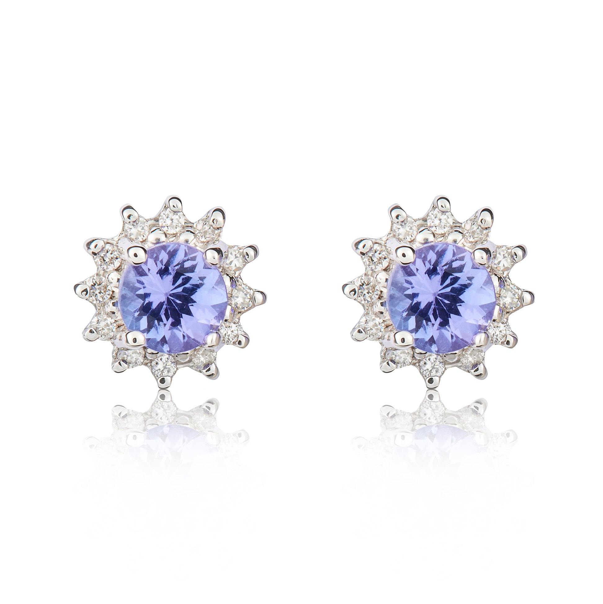 9ct White Gold 4mm Round Tanzanite & Diamond Claw Set Cluster Earrings