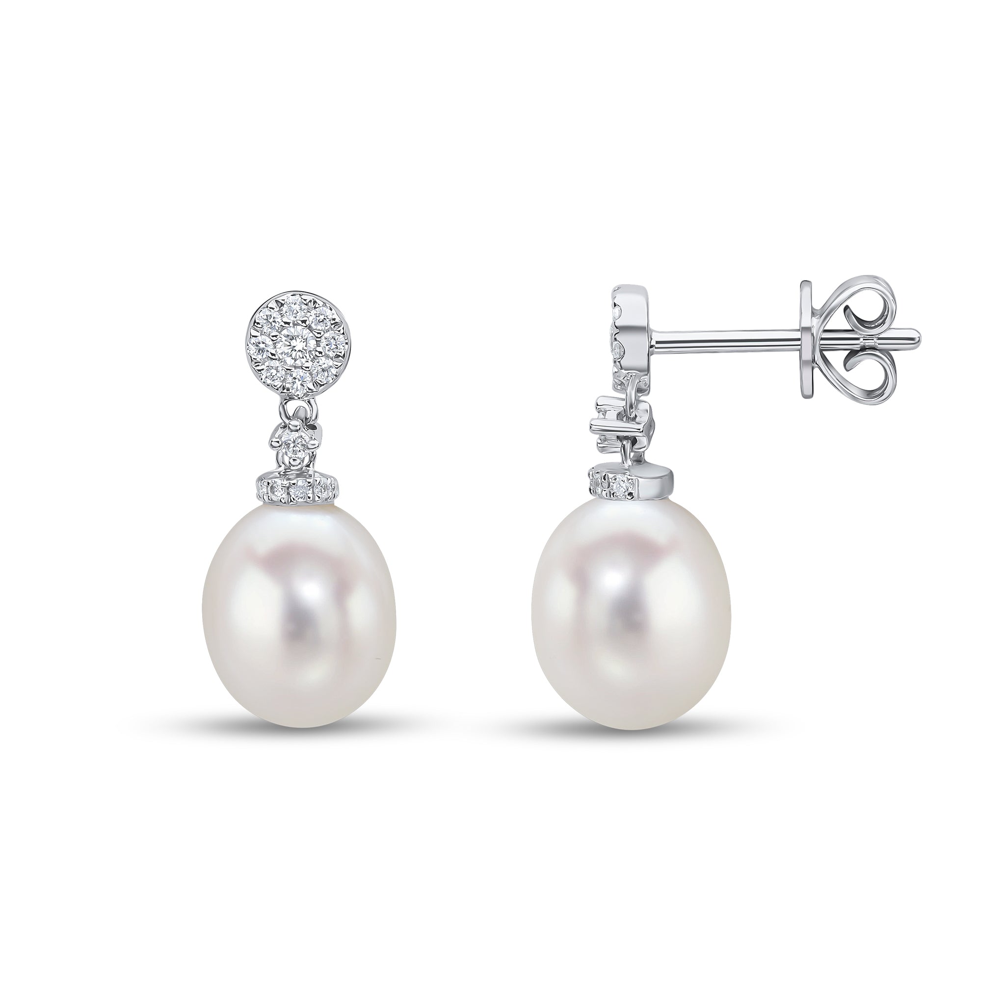 18ct White Gold Cfw Pearl and Diamond Cluster Top Drop Earrings