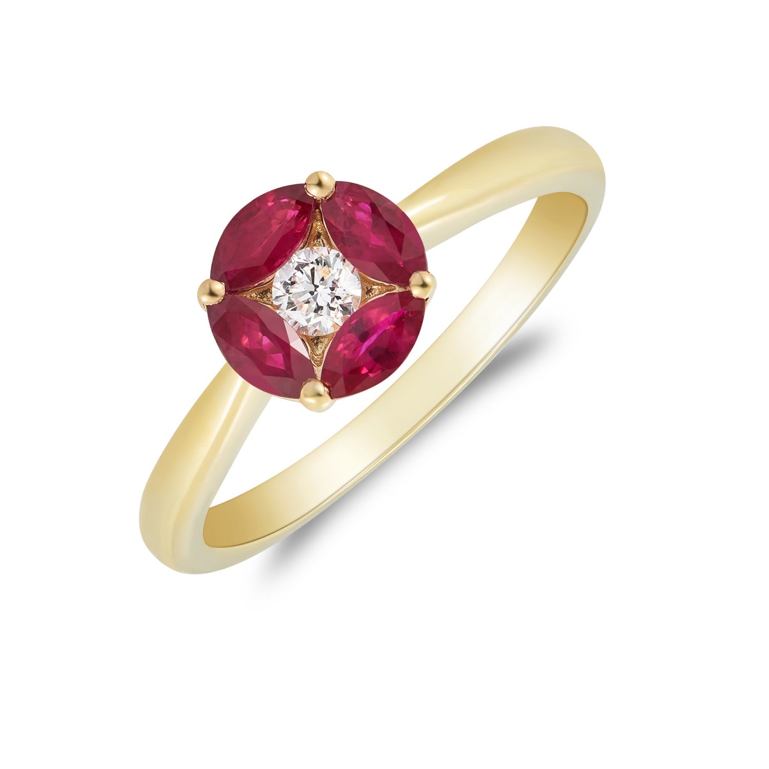 18ct Yellow Gold Marquise Ruby and Round Diamond Cluster Ring Tapered Shank